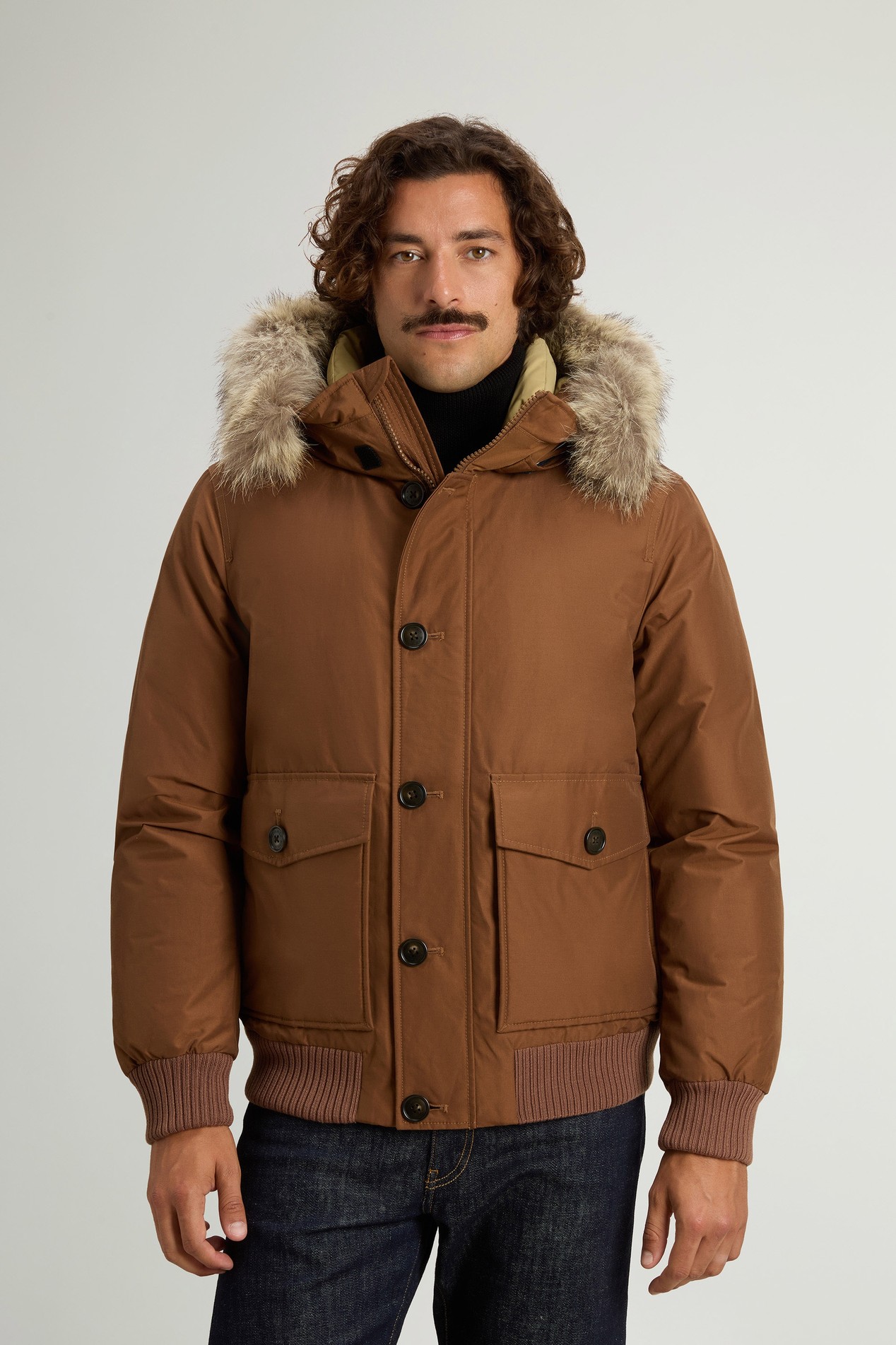 Padded Polar bomber jacket in Ramar Cloth with hood Brown photo 1 | Woolrich