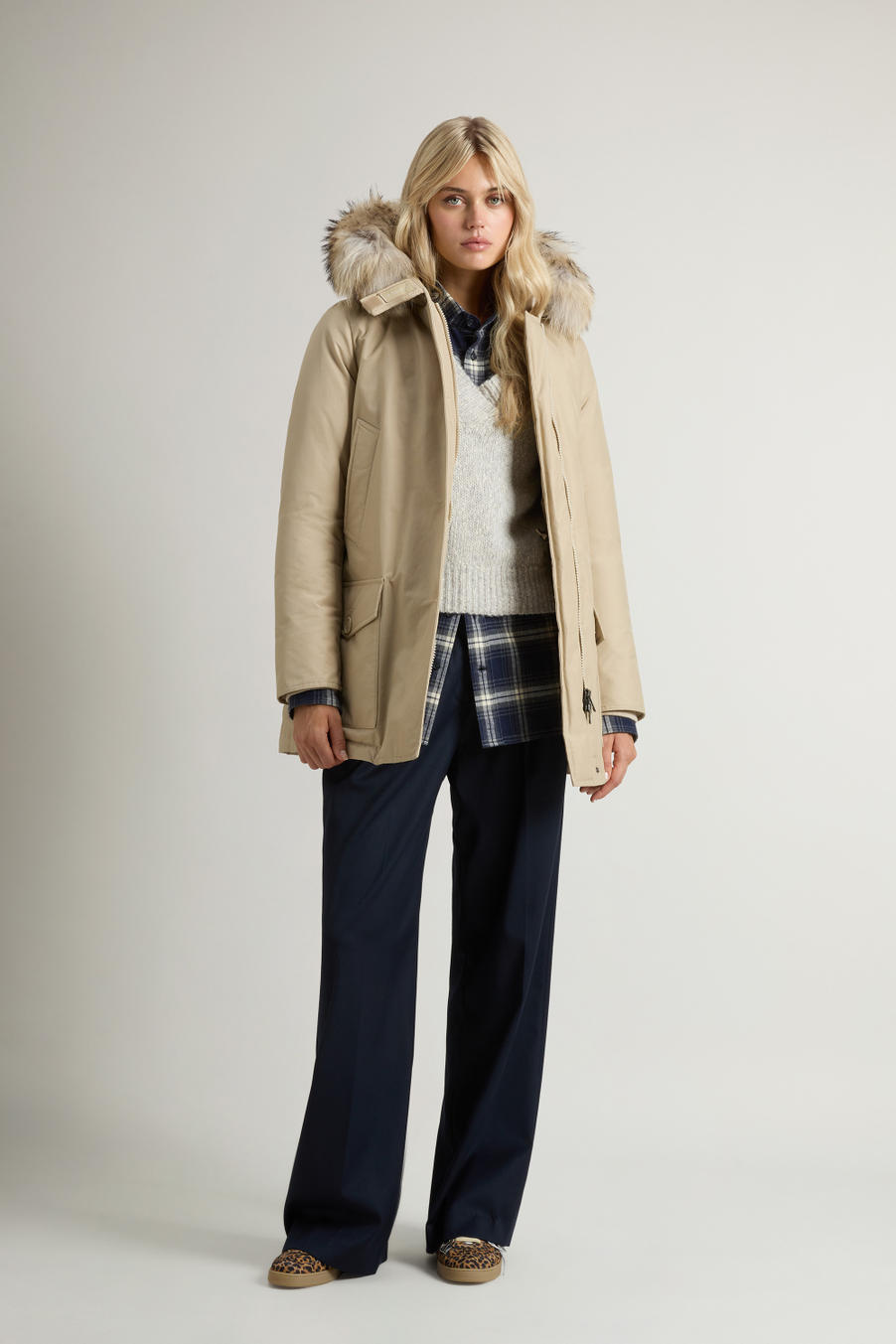 Arctic Parka in Ramar Cloth with Four Pockets and Detachable Fur Beige photo 1 | Woolrich