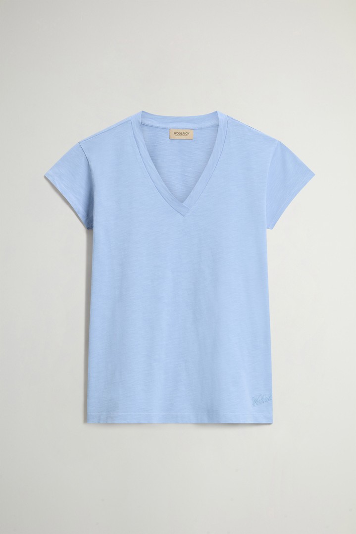T-Shirt mit V-Ausschnitt aus geflammter, reiner Baumwolle Blau photo 1 | Woolrich