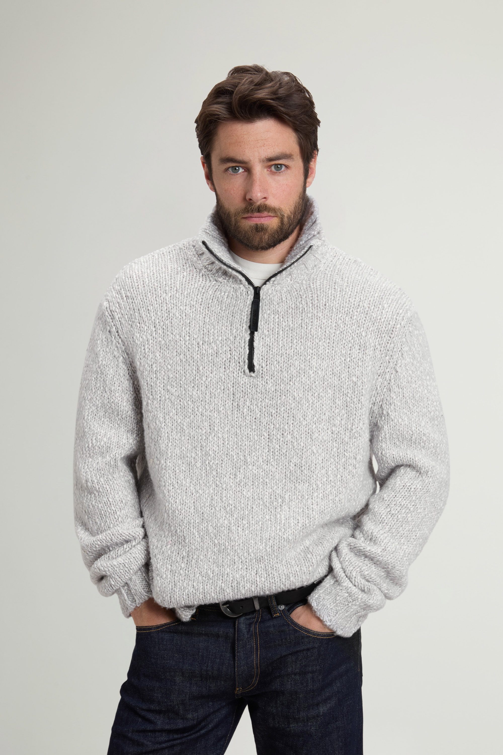 Cotton and Virgin Wool Sweater with Half Zipper Gray photo 1 | Woolrich