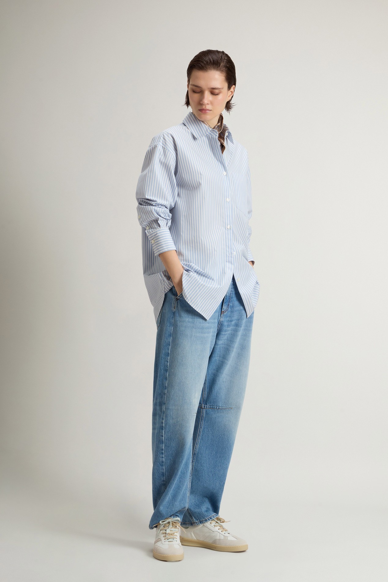 STRIPED COTTON POPLIN BOYFRIEND SHIRT Blue photo 2 | Woolrich