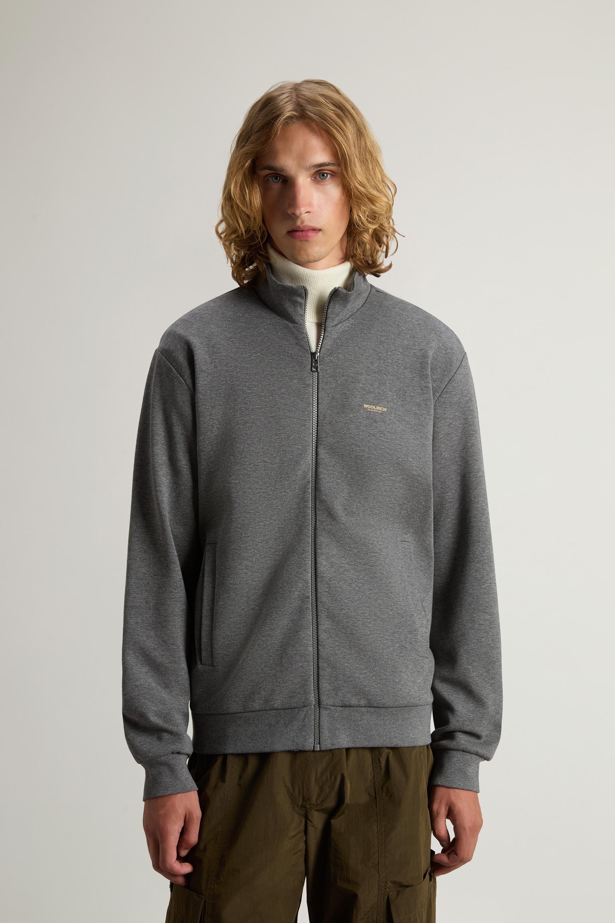 Sweat-shirt zippé à col montant en interlock de coton mélangé avec logo Gris photo 1 | Woolrich