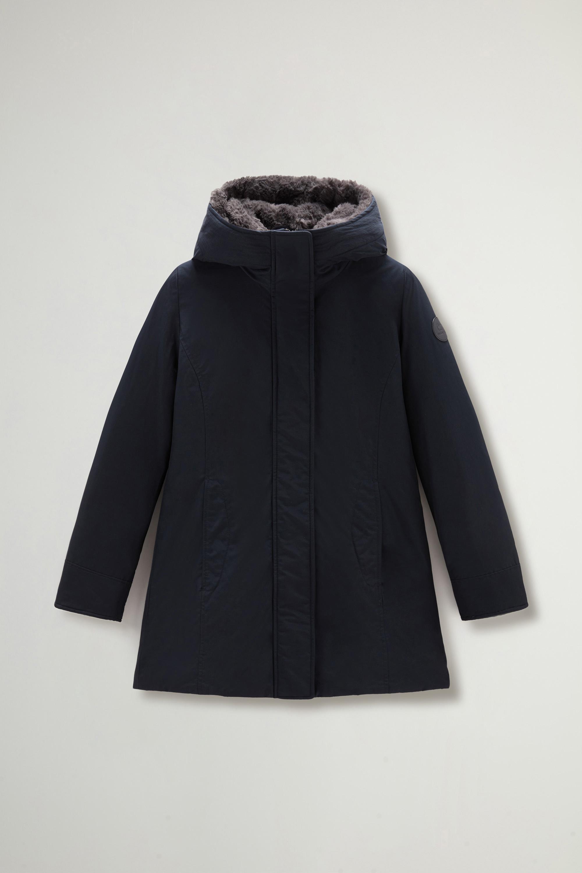 Boulder Parka in Ramar Cloth with Hood and Detachable Faux Fur Trim Blue photo 5 | Woolrich