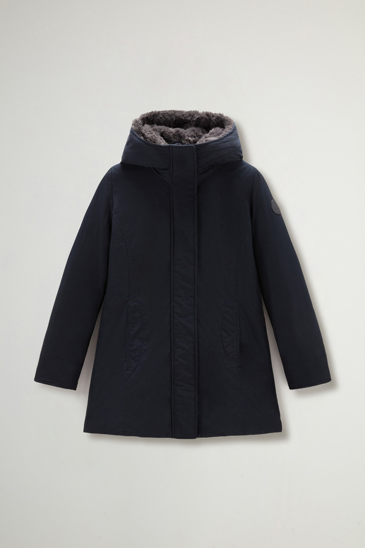 Boulder Parka in Ramar Cloth with Hood and Detachable Faux Fur Trim Blue photo 5 | Woolrich