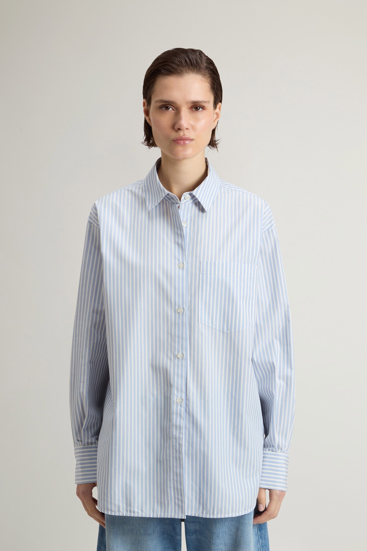 STRIPED COTTON POPLIN BOYFRIEND SHIRT Blue photo 1 | Woolrich