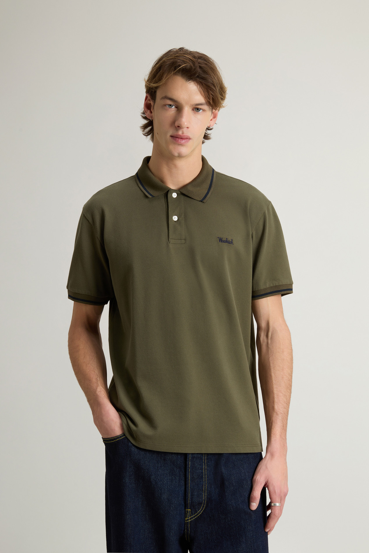 Monterey Polo Shirt in Stretch Cotton Piquet with Striped Edges Green photo 1 | Woolrich