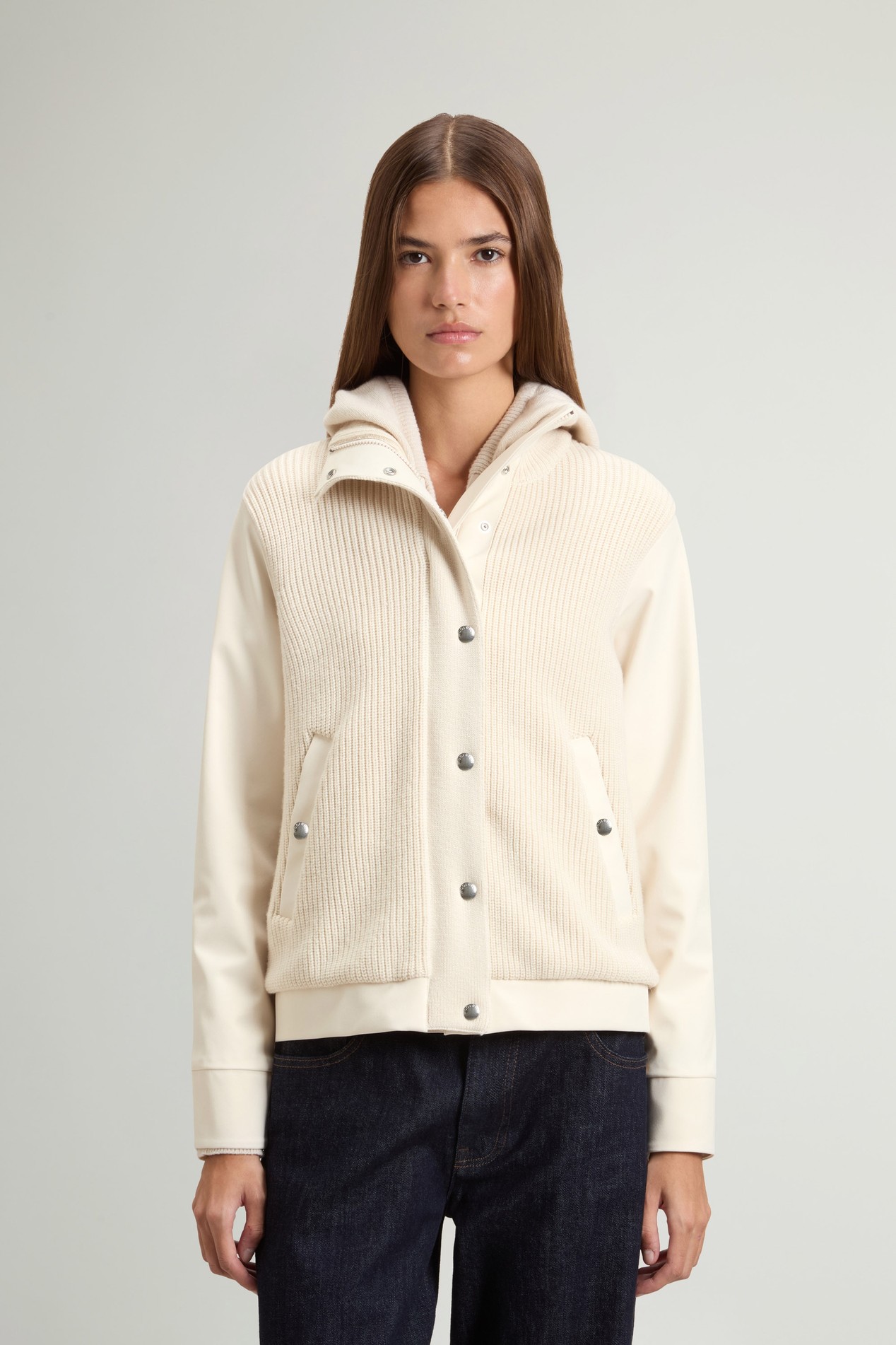 Firth Hybrid Bomber Jacket in Tech Softshell and Pure Wool White photo 1 | Woolrich