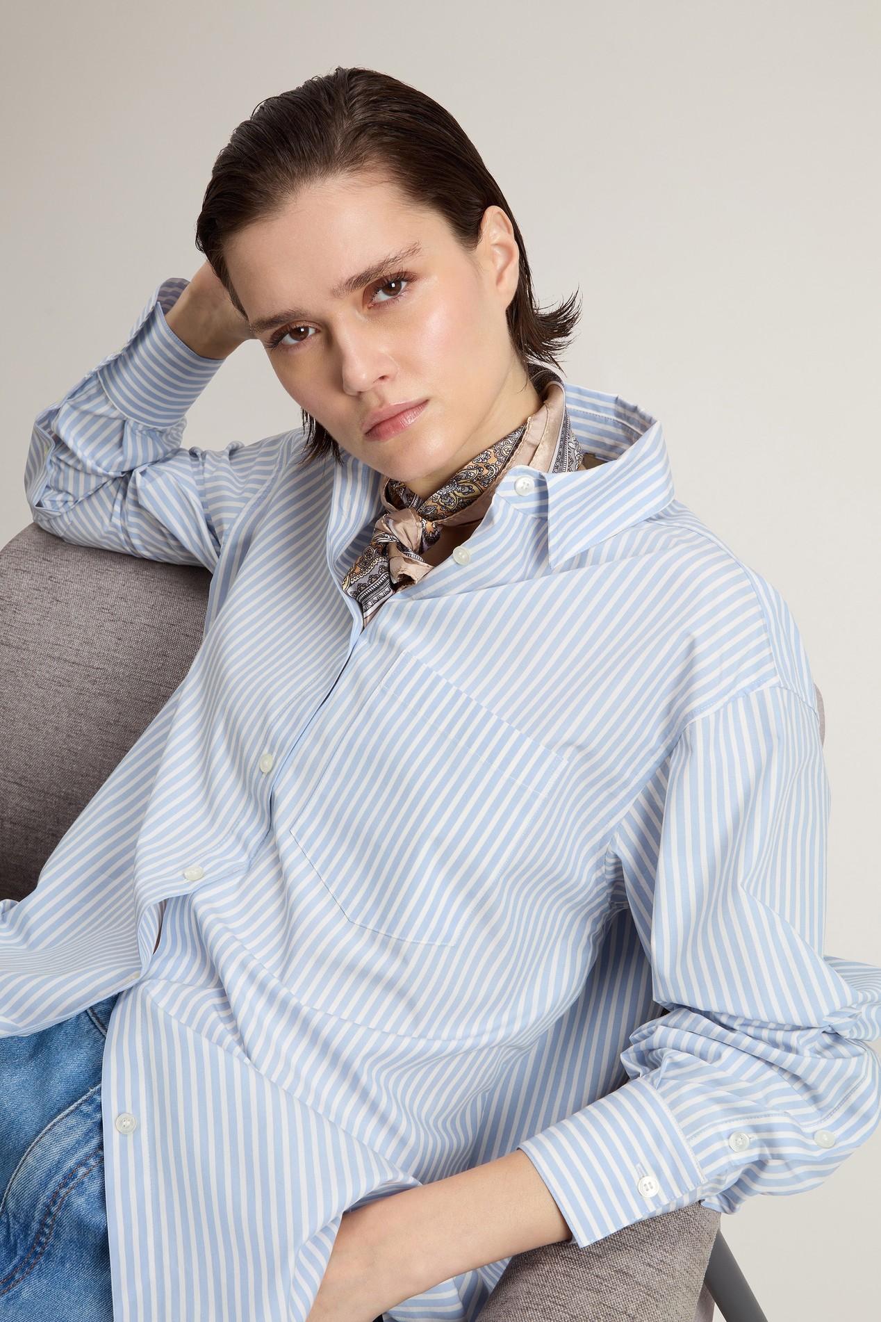 STRIPED COTTON POPLIN BOYFRIEND SHIRT Blue photo 4 | Woolrich