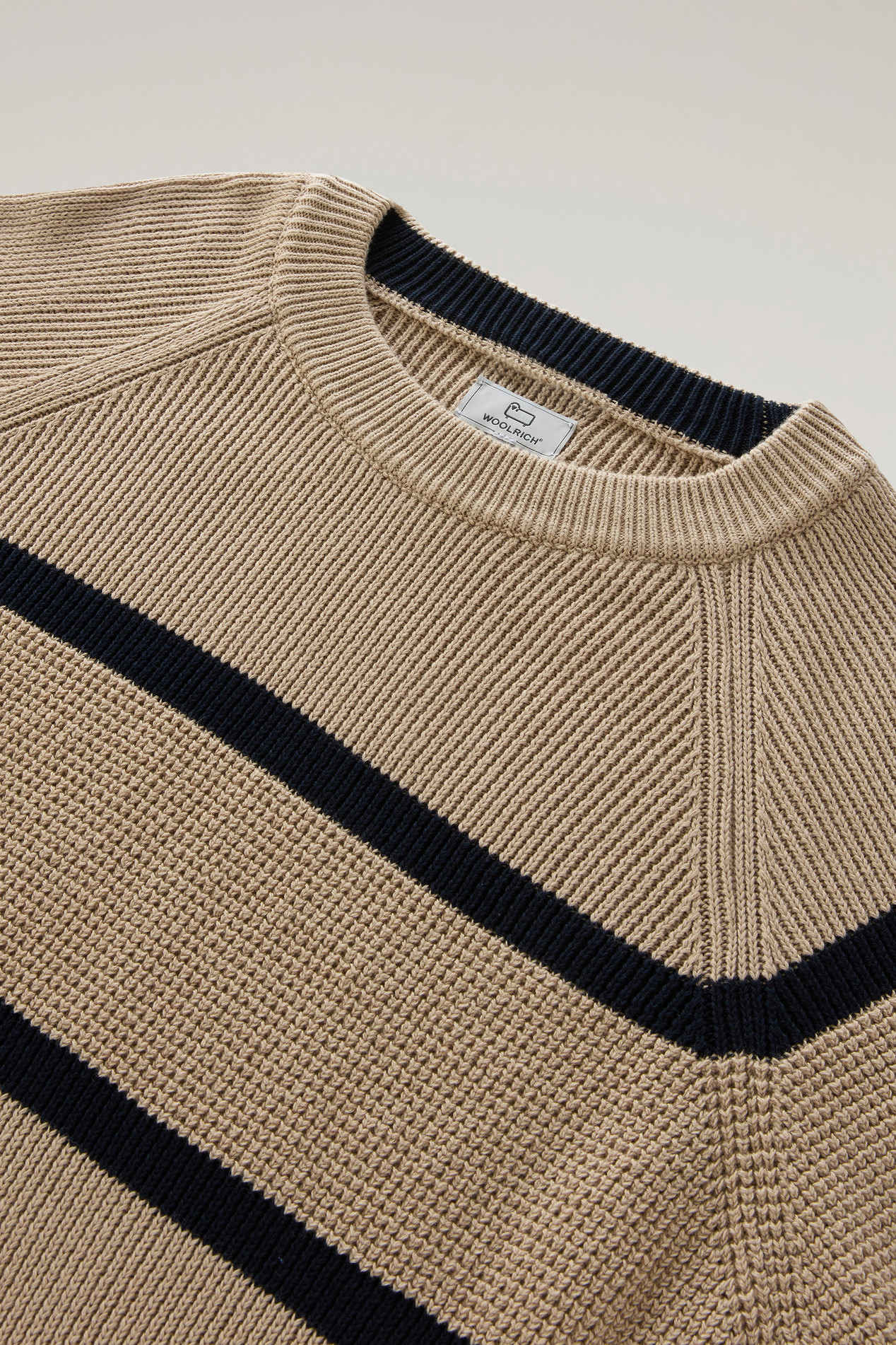 Striped Crewneck Sweater in Pure Cotton Beige photo 2 | Woolrich