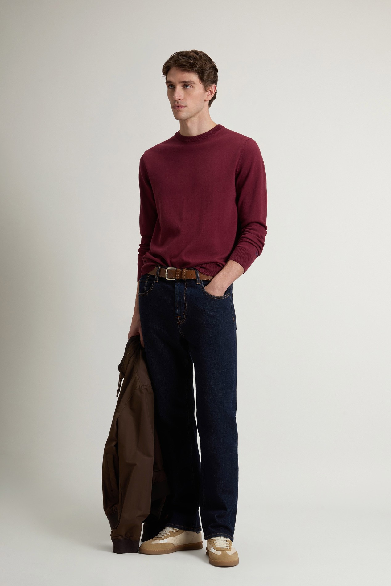 Crewneck Sweater in Pure Cotton with Embroidered Logo Burgundy photo 2 | Woolrich