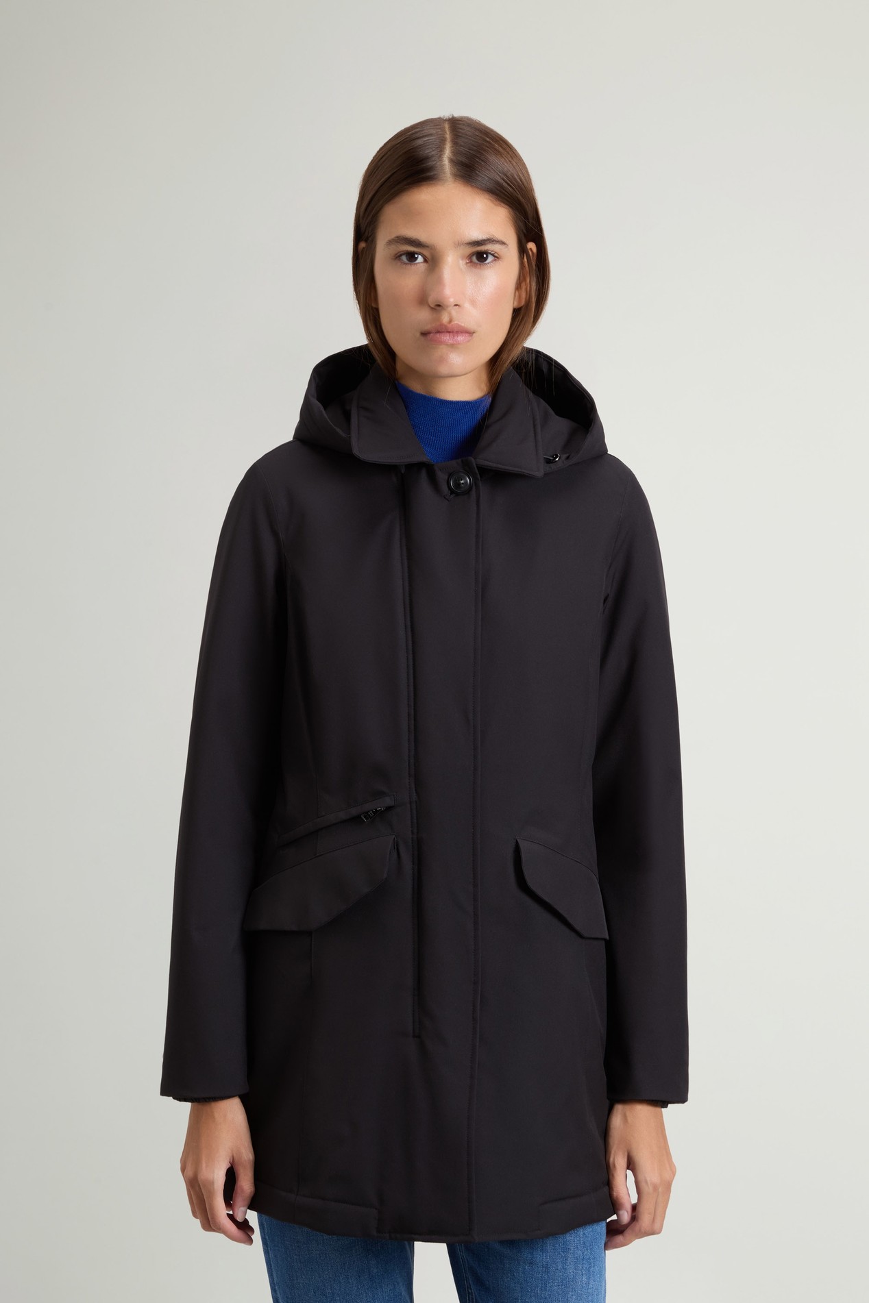 Coat in Light Stretch with Removable Hood Black photo 1 | Woolrich