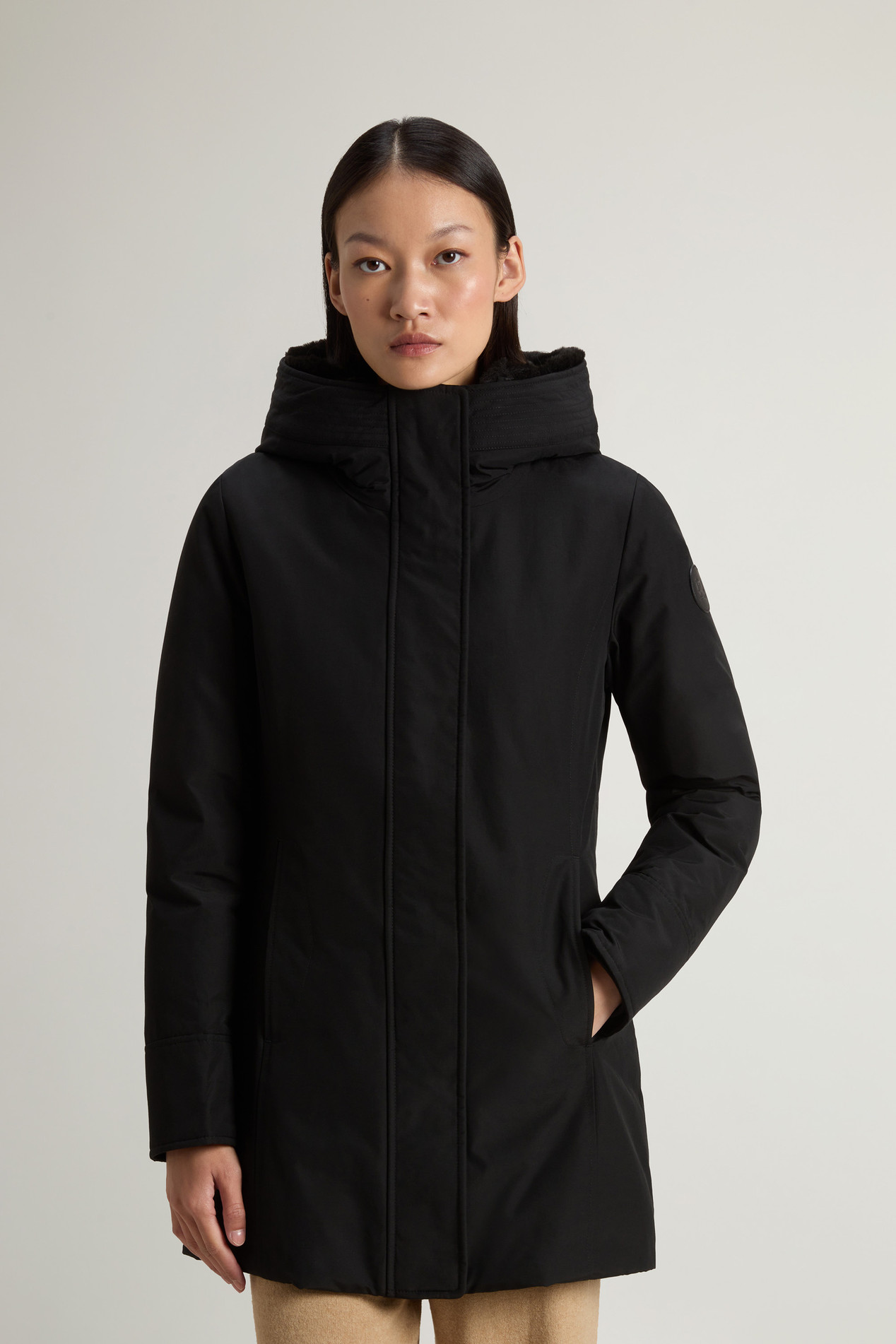 Boulder Parka in Ramar Cloth with Hood and Detachable Faux Fur Trim Black photo 1 | Woolrich