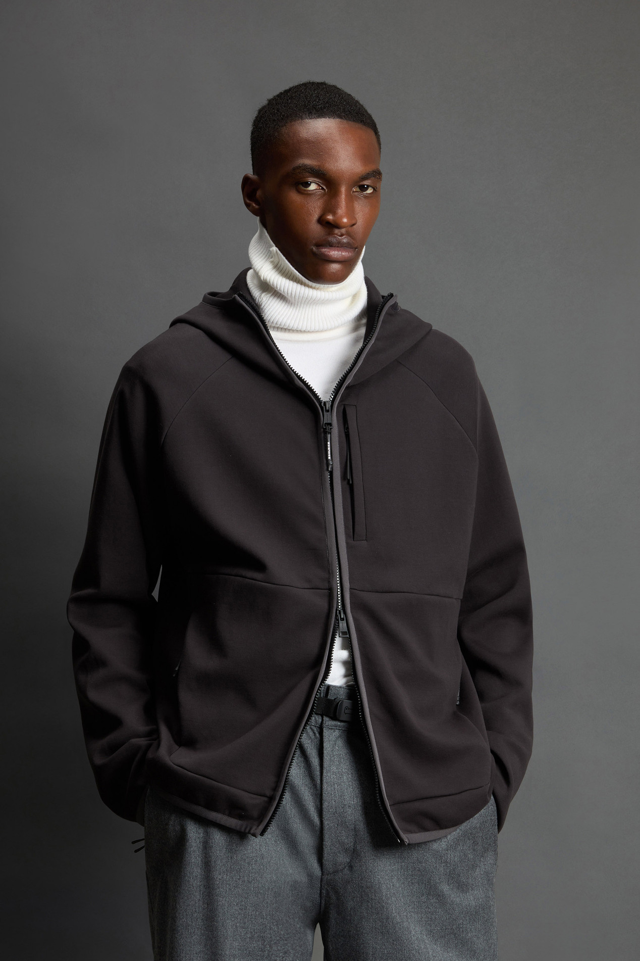 Full-Zipper Hoodie in Cotton Interlock and Nylon Blend by Todd Snyder Black photo 1 | Woolrich