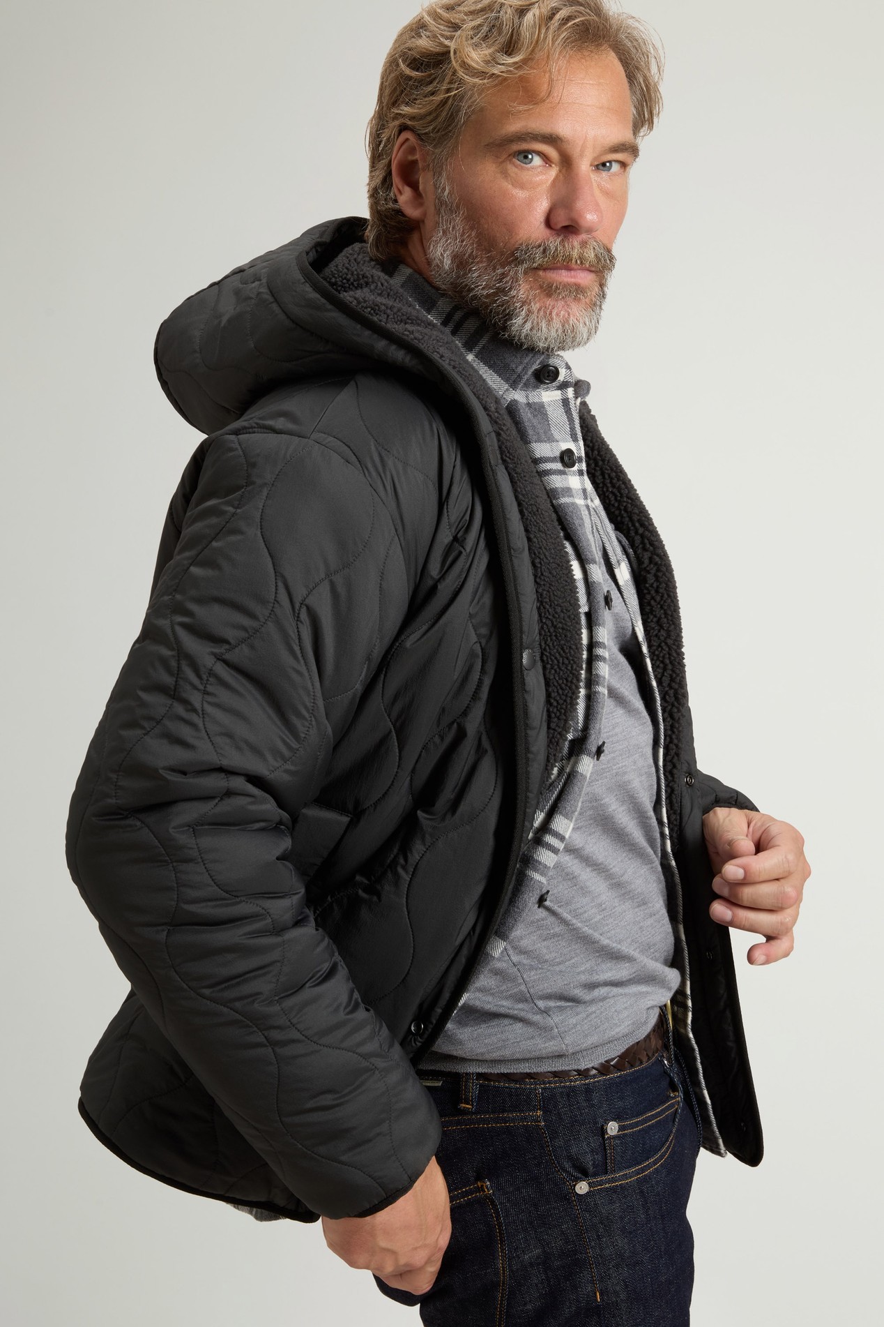 Reversible Hooded Jacket in Nylon and Sherpa Gray photo 3 | Woolrich