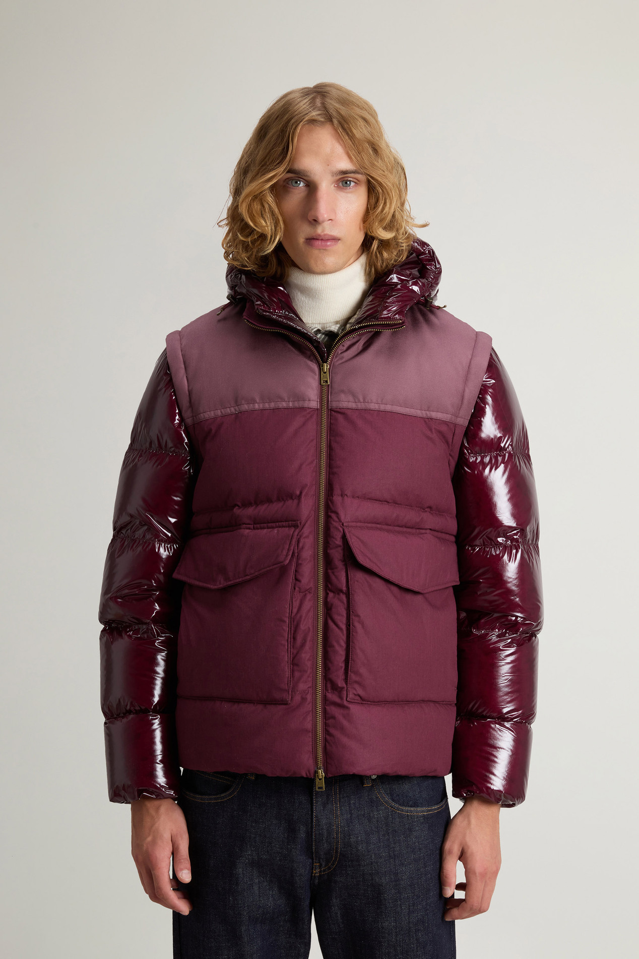 Hybrid Down Jacket with Removable Sleeves and Hood Burgundy photo 1 | Woolrich