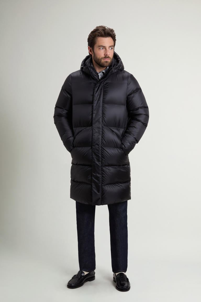 Long quilted jacket in recycled Pertex® Quantum fabric with hood Black photo 1 | Woolrich