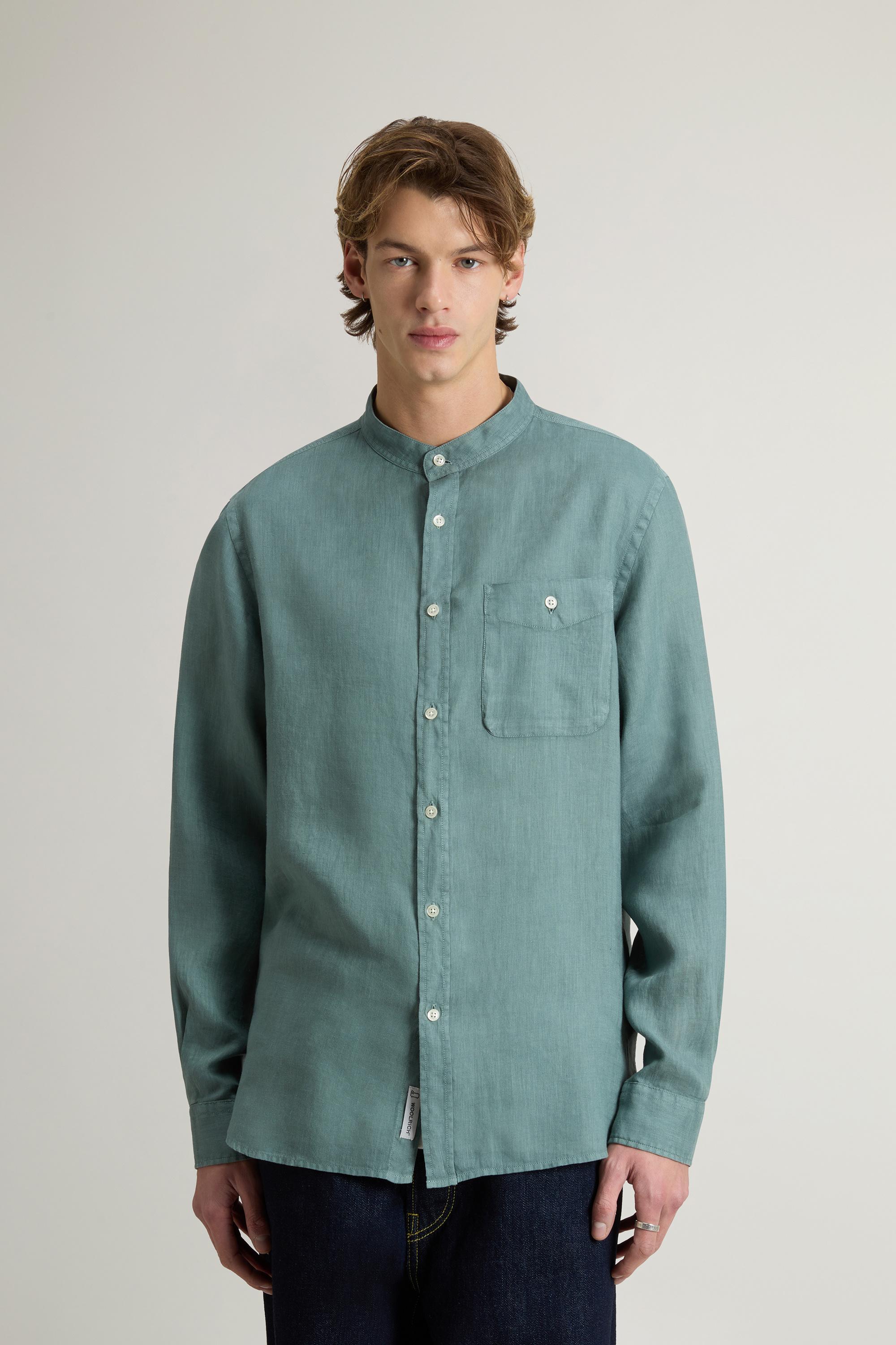 Garment-Dyed Pure Linen Shirt with Band Collar Green photo 1 | Woolrich