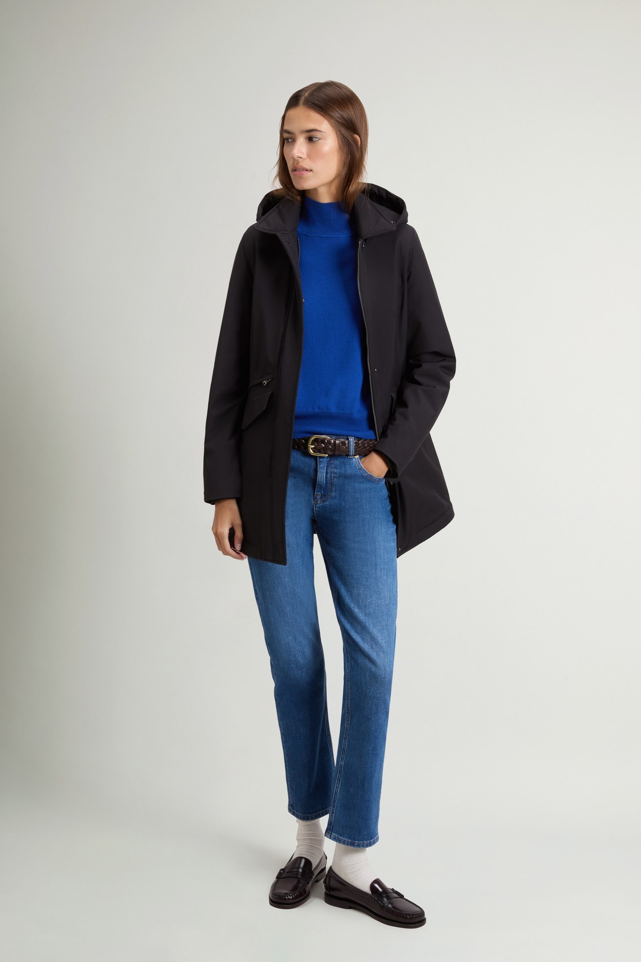 Coat in Light Stretch with Removable Hood Black photo 2 | Woolrich