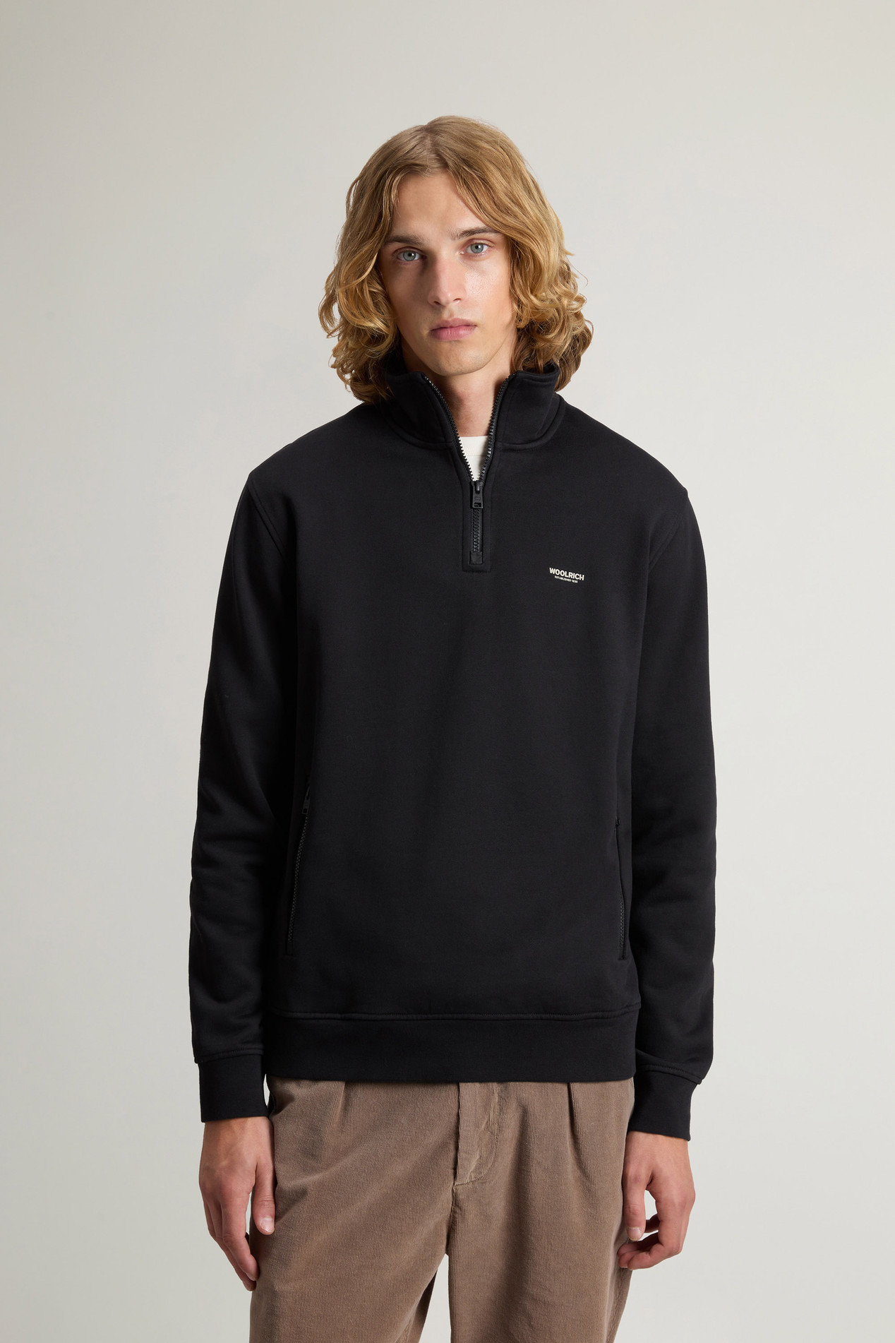 Hybrid Pure Cotton and Nylon Turtleneck Sweatshirt Black photo 1 | Woolrich