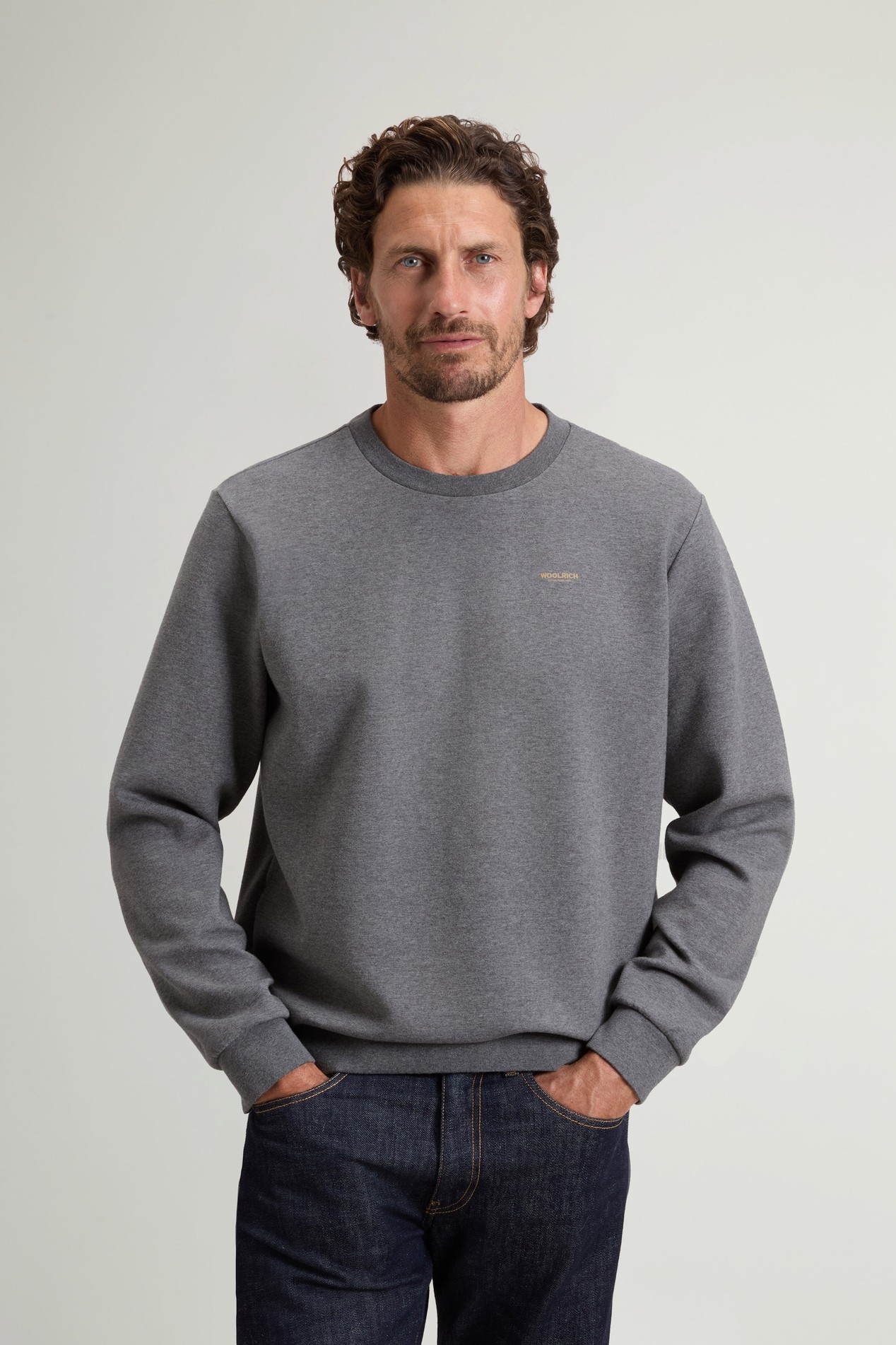 Crewneck Sweatshirt in Cotton-Blend Interlock with Logo Gray photo 1 | Woolrich