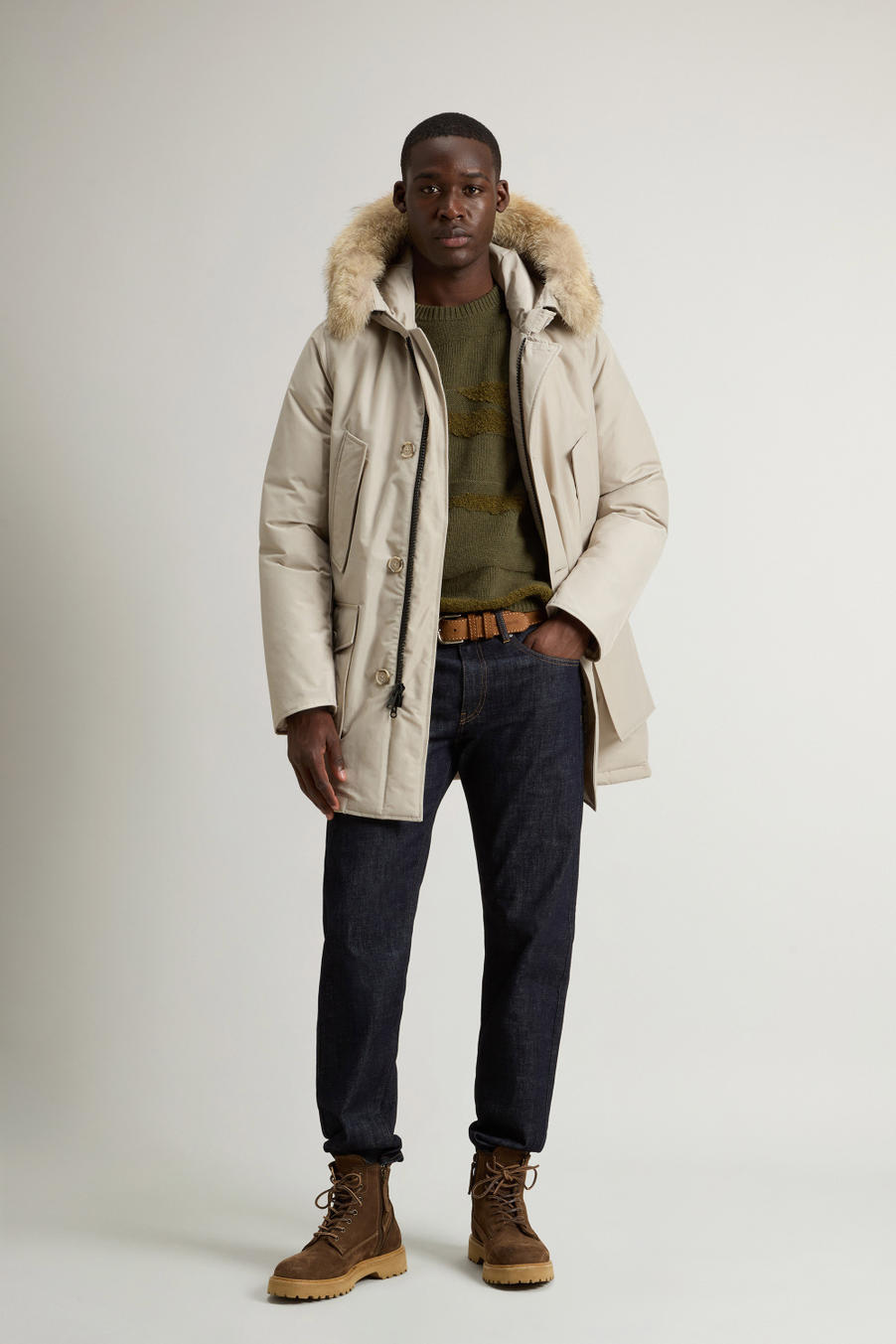 Arctic Parka in Ramar Cloth with Detachable Fur Trim Beige photo 1 | Woolrich