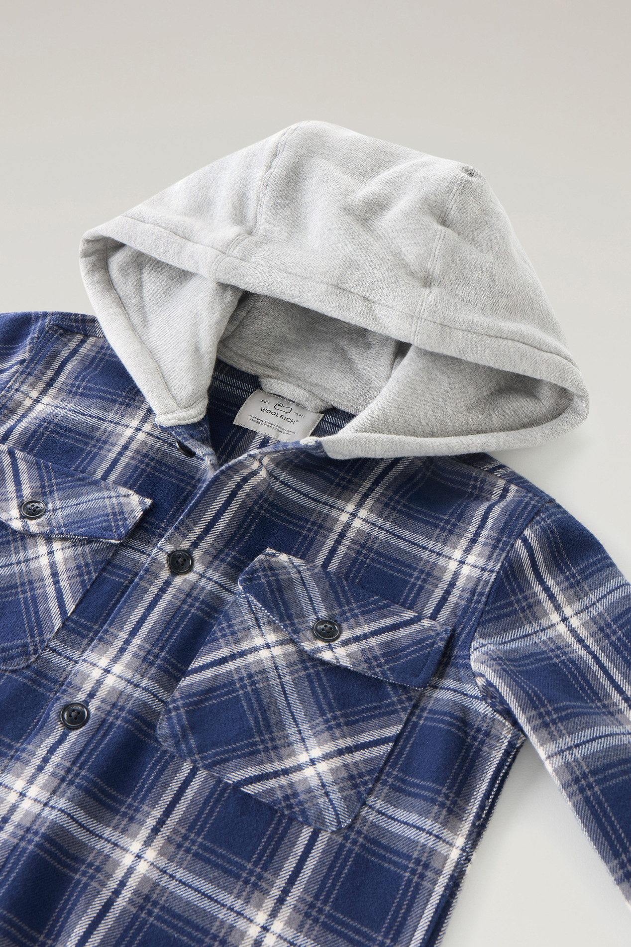 Boys' Hooded Check Overshirt in Heavy Flannel Blue photo 3 | Woolrich