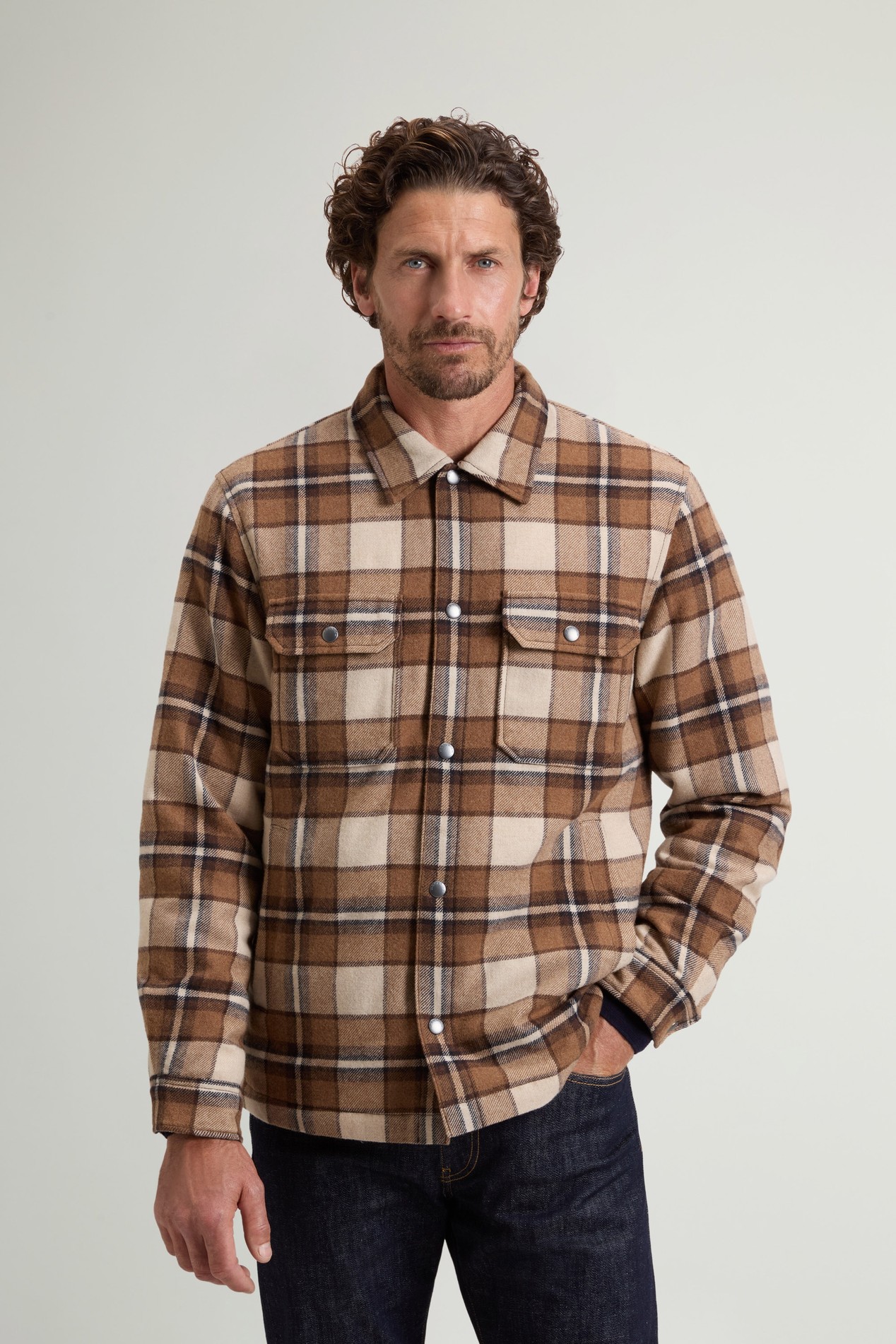 Alaskan Check Overshirt in Recycled Italian Wool Blend Brown photo 1 | Woolrich