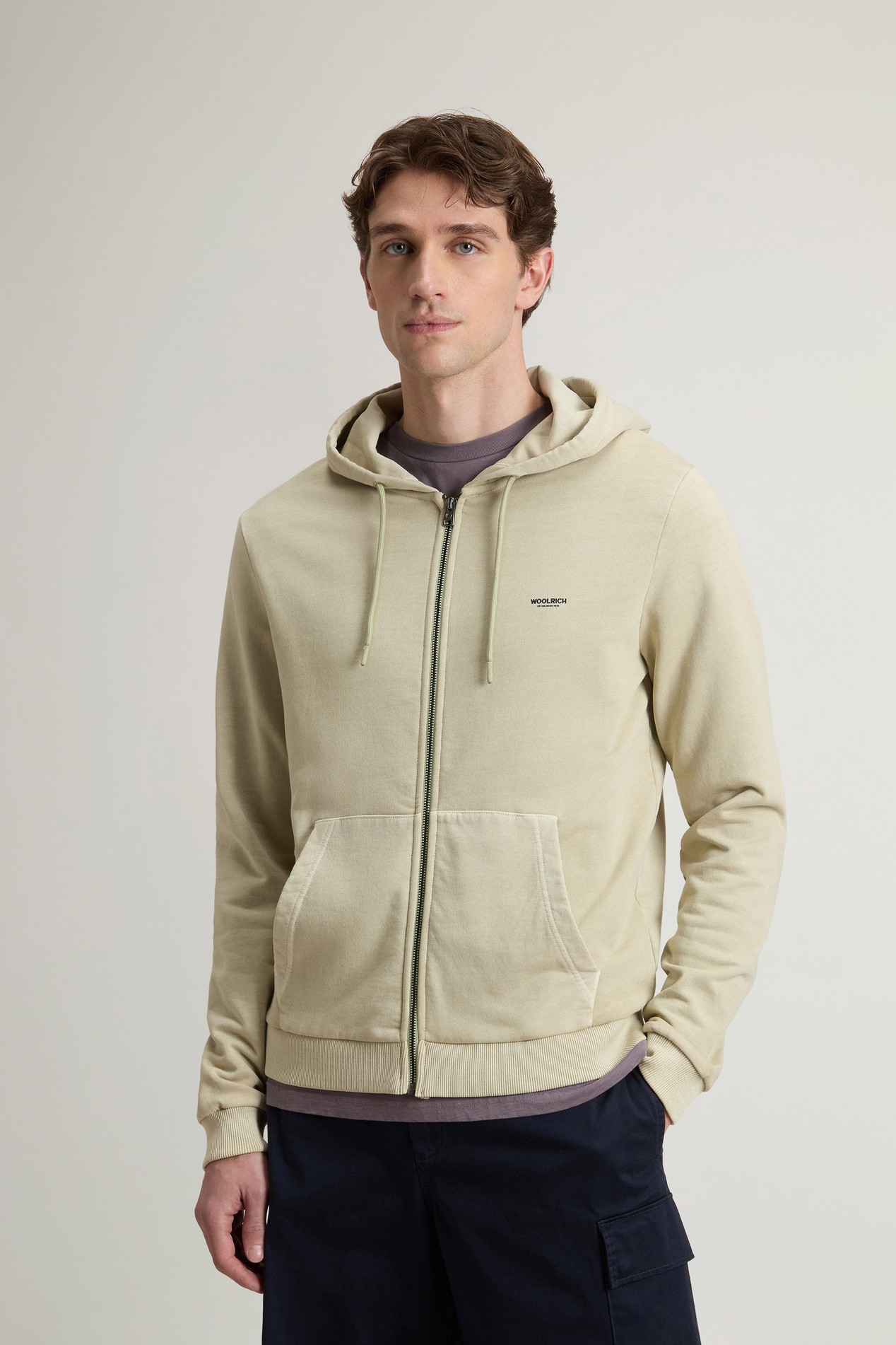 GARMENT DYED LOGO FULL ZIP HOODIE Beige photo 1 | Woolrich