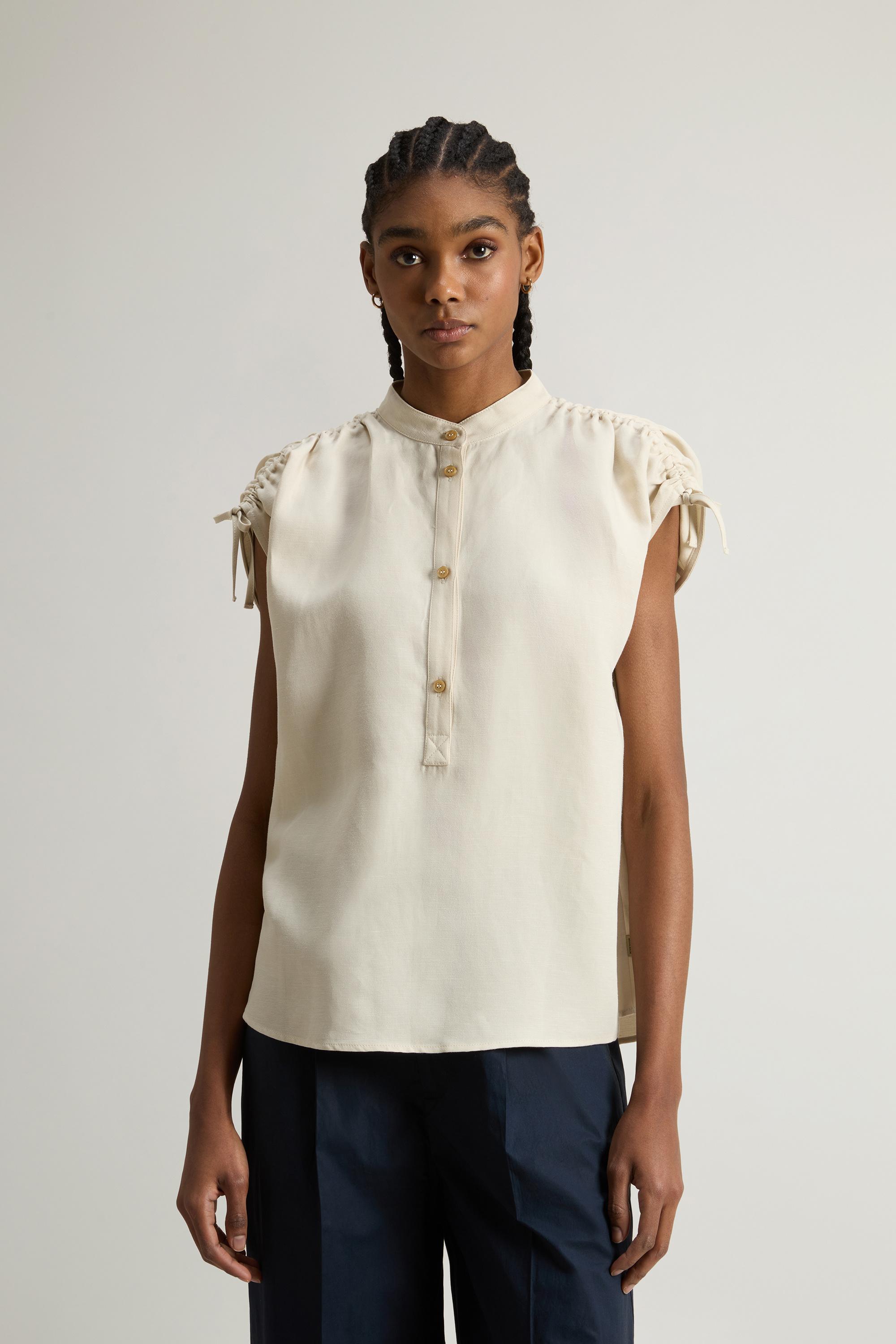Linen-Blend Blouse with Band Collar Beige photo 1 | Woolrich