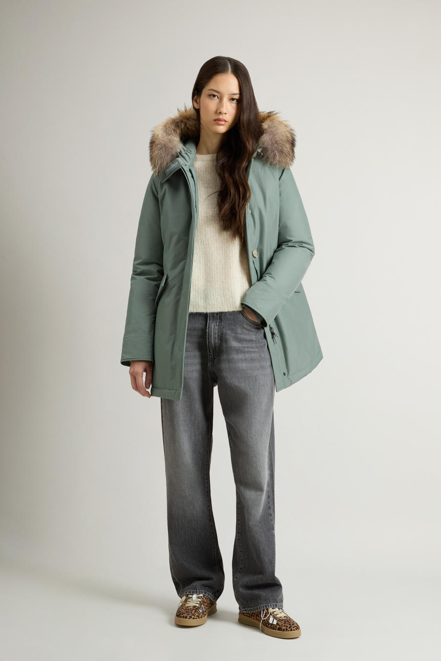 Arctic Parka in Ramar Cloth with Detachable Fur Trim Green photo 1 | Woolrich