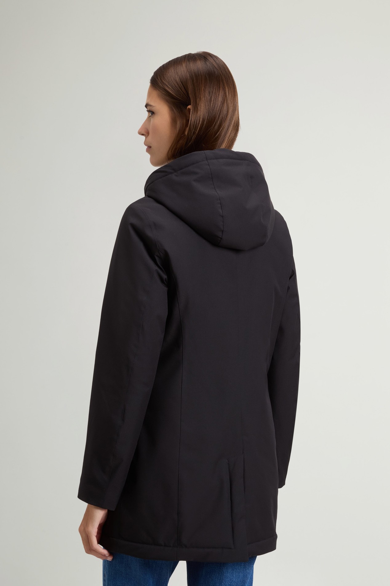 Coat in Light Stretch with Removable Hood Black photo 3 | Woolrich