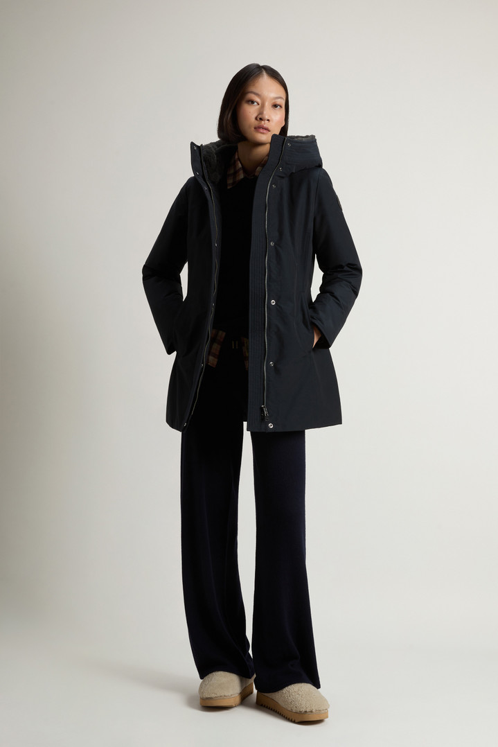 Boulder Parka in Ramar Cloth with Hood and Detachable Faux Fur Trim Blue photo 2 | Woolrich