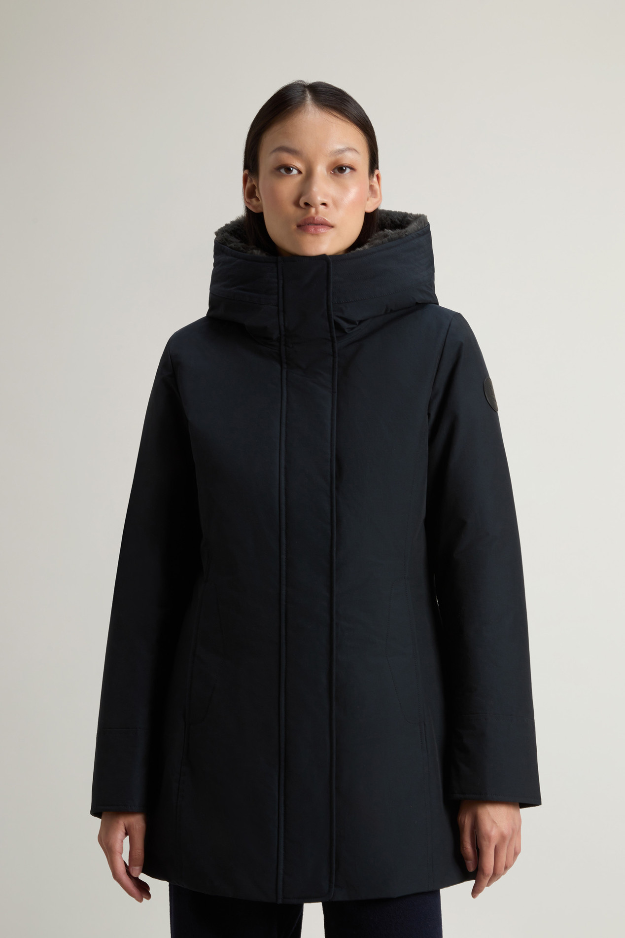 Boulder Parka in Ramar Cloth with Hood and Detachable Faux Fur Trim Blue photo 1 | Woolrich
