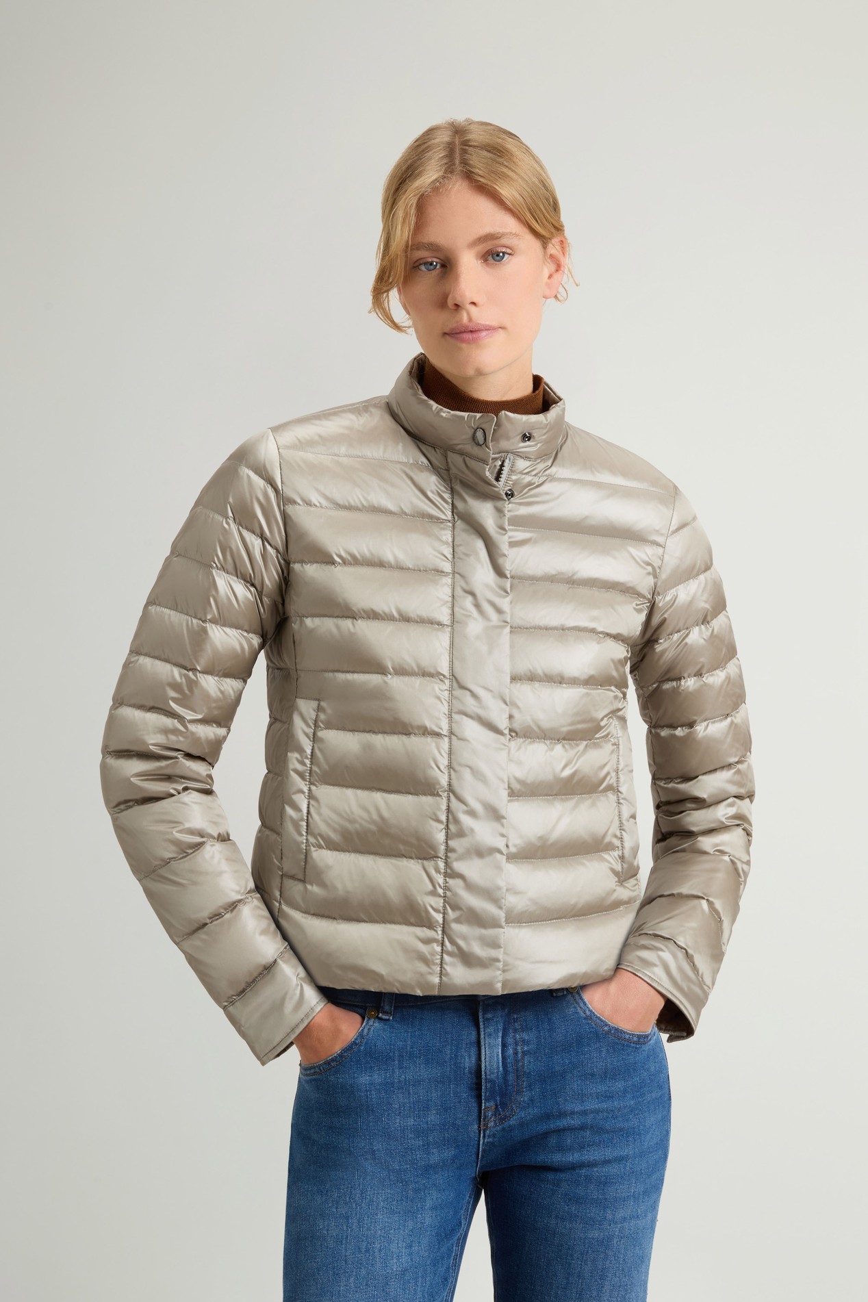 Lightweight Down Jacket in Liquid Nylon Beige photo 1 | Woolrich