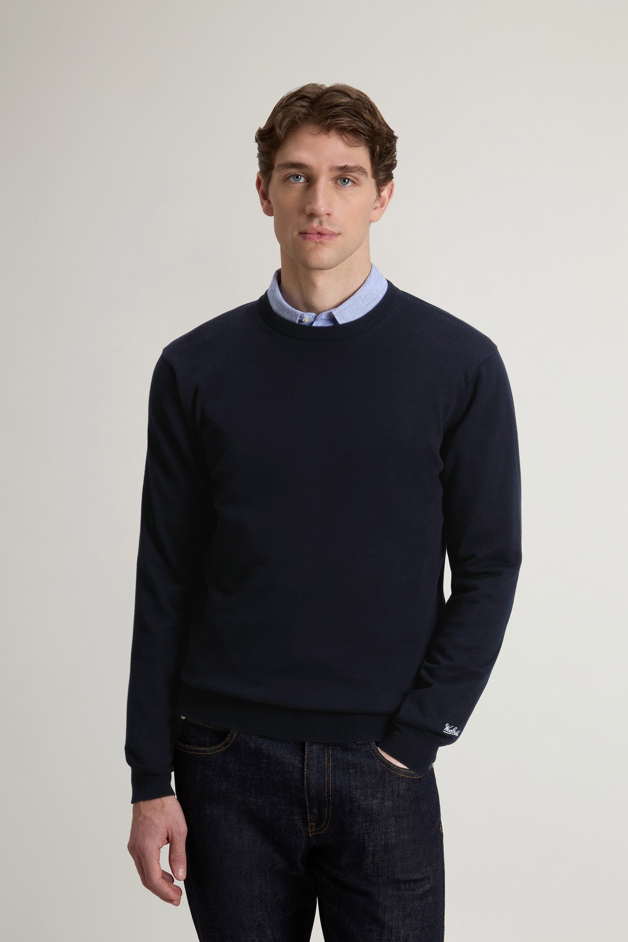 Crewneck Sweater in Pure Cotton with Embroidered Logo Blue photo 1 | Woolrich