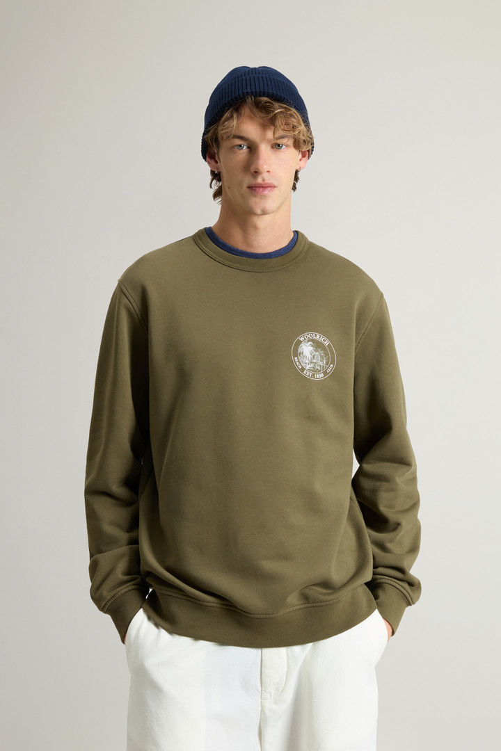 Woolrich Man Crewneck Sweatshirt In Pure Cotton With Print Green Size 3XL