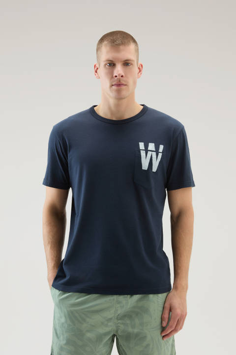 T-Shirt aus reiner Baumwolle mit kleiner Tasche Blau | Woolrich