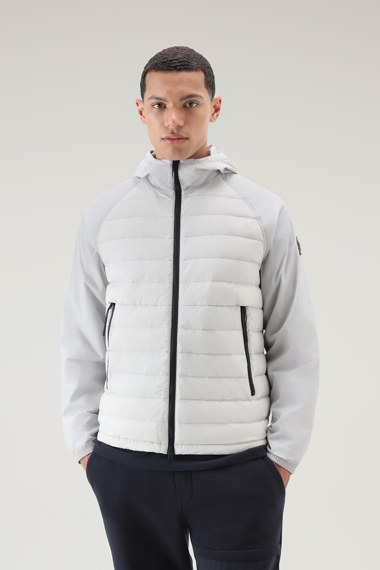 Hybrid Jacket in Crinkle Nylon with quilted front and Hood White ...