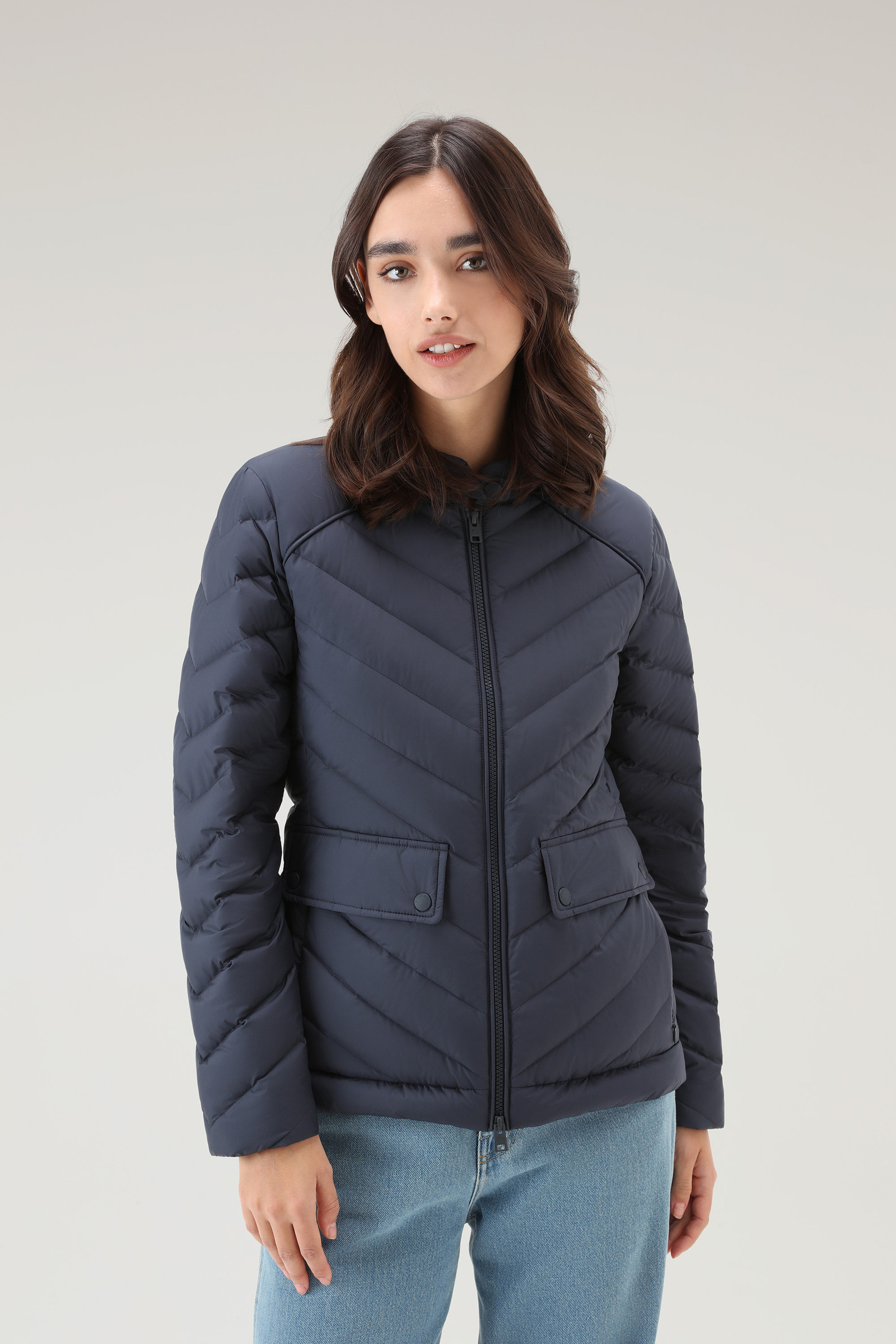 Women's Padded Short Jacket with Chevron Quilting Blue | Woolrich USA