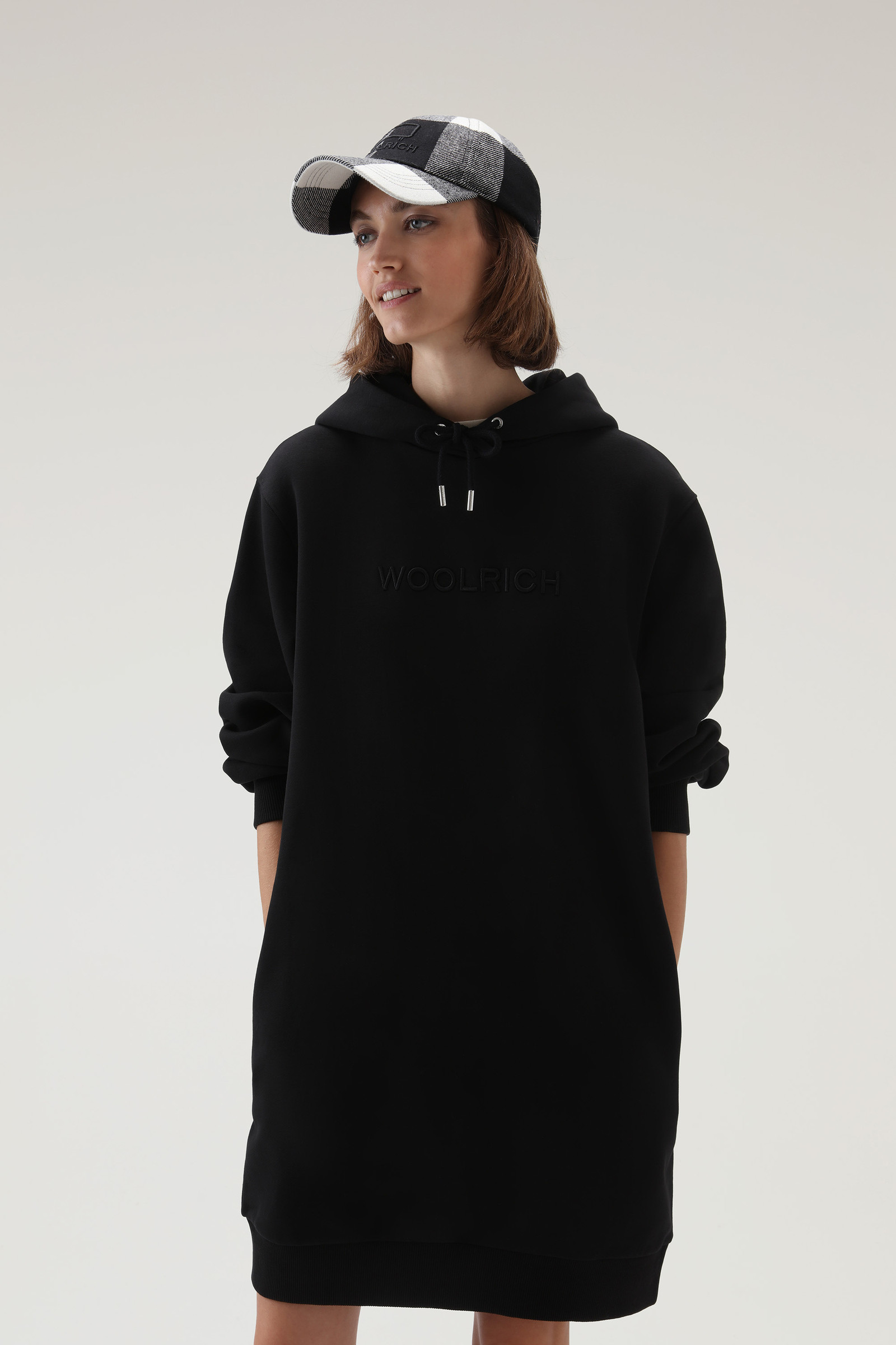 Lange jurk van katoenfleece met capuchon zwart | Woolrich