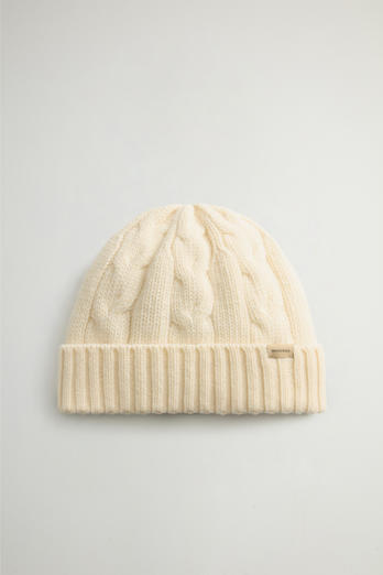 Cable-Knit Pure Wool Beanie White | Woolrich