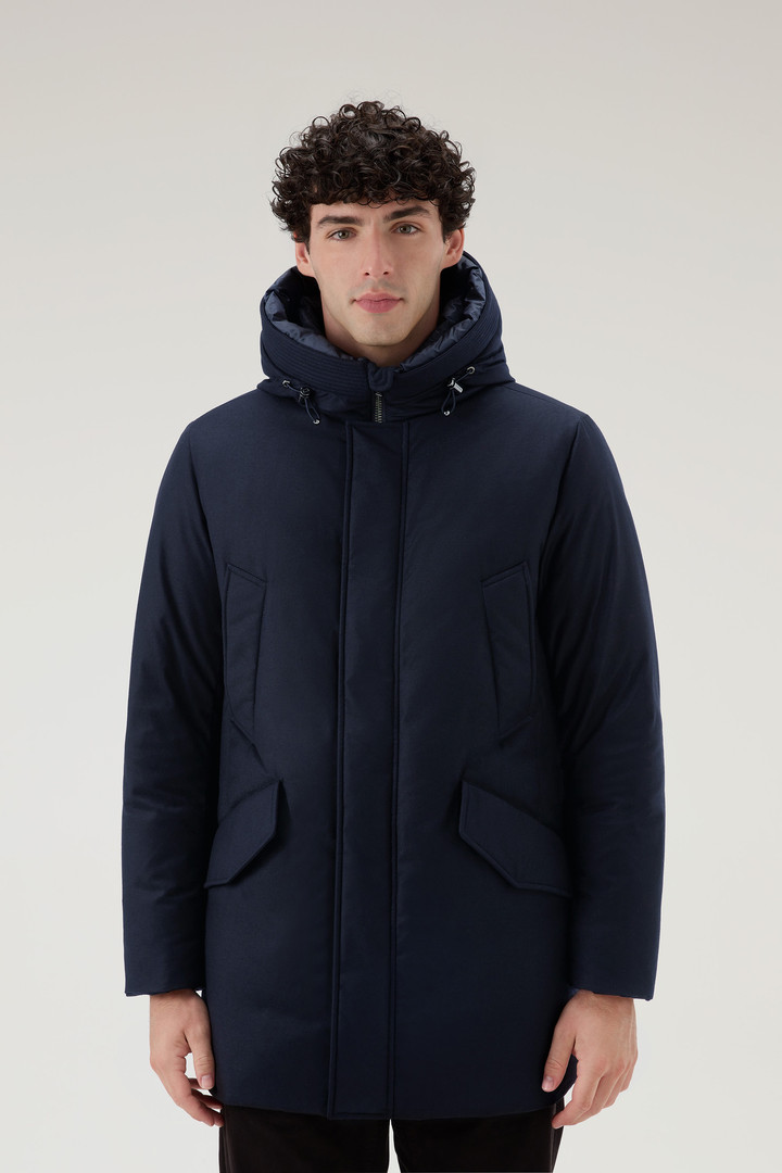 Woolrich Men Parka in Italian Wool and Silk Blend Crafted with a Loro Piana Fabric Blue Size S