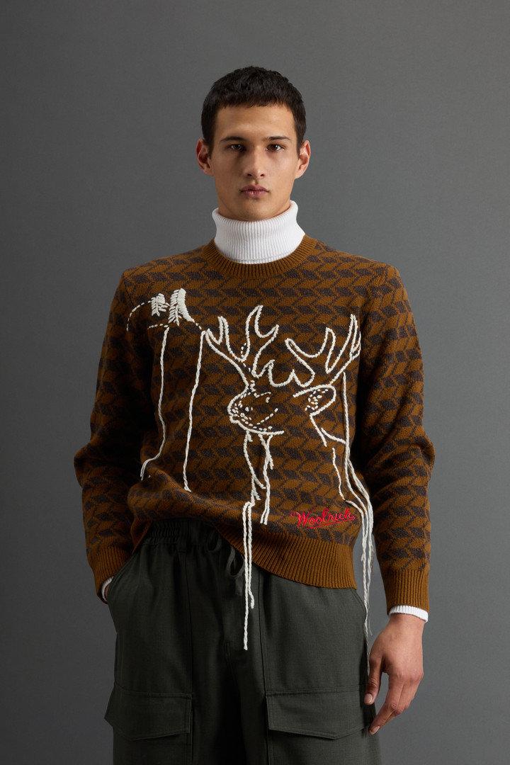 Crewneck Sweater in Pure Merino Wool with Embroidery by Todd Snyder Brown photo 1 | Woolrich