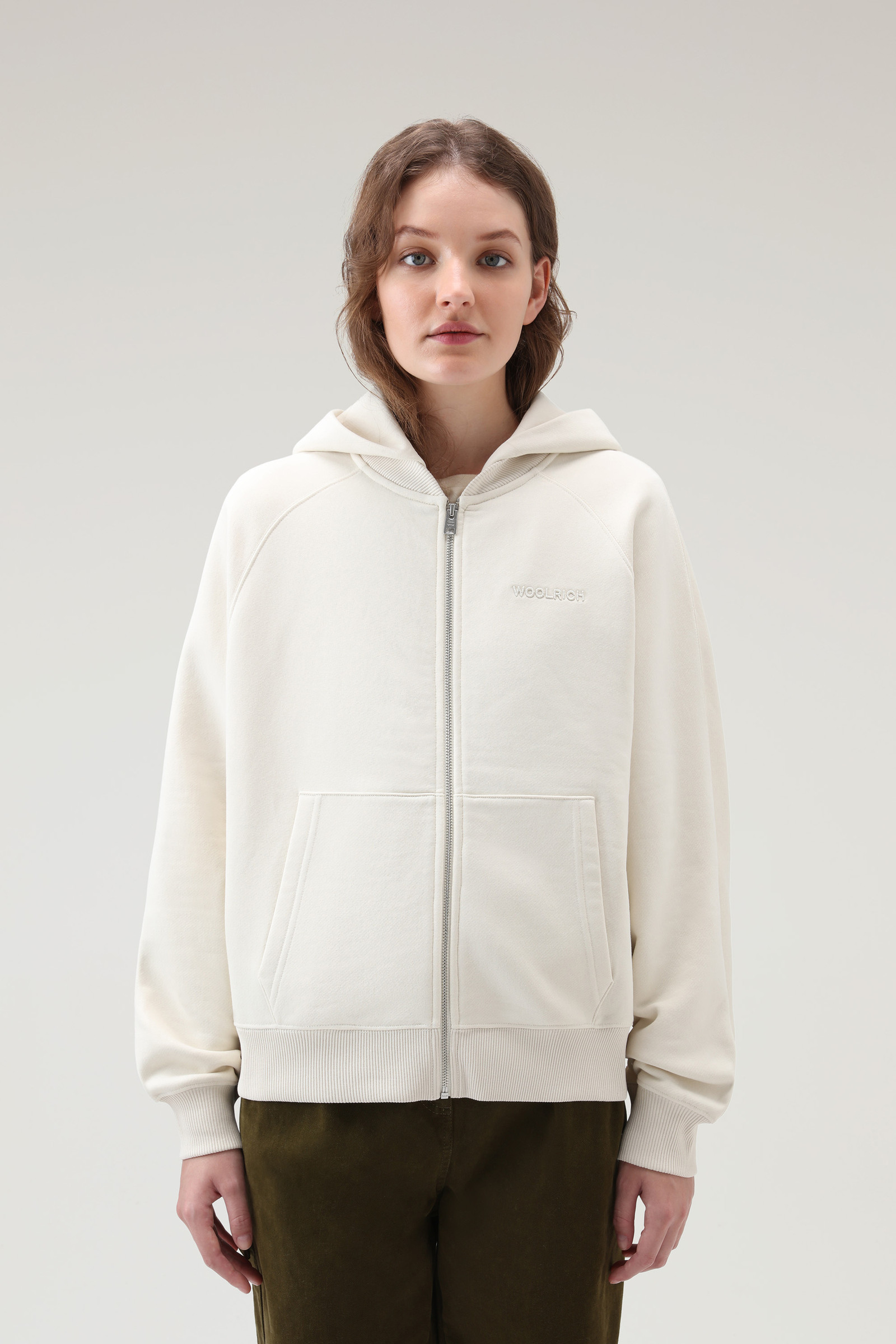 Fleecehoodie met volledige ritssluiting en logo wit | Woolrich