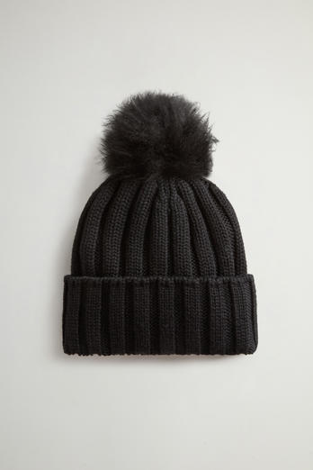 Girls' Beanie in Pure Virgin Wool with Cashmere Pom-Pom Black | Woolrich