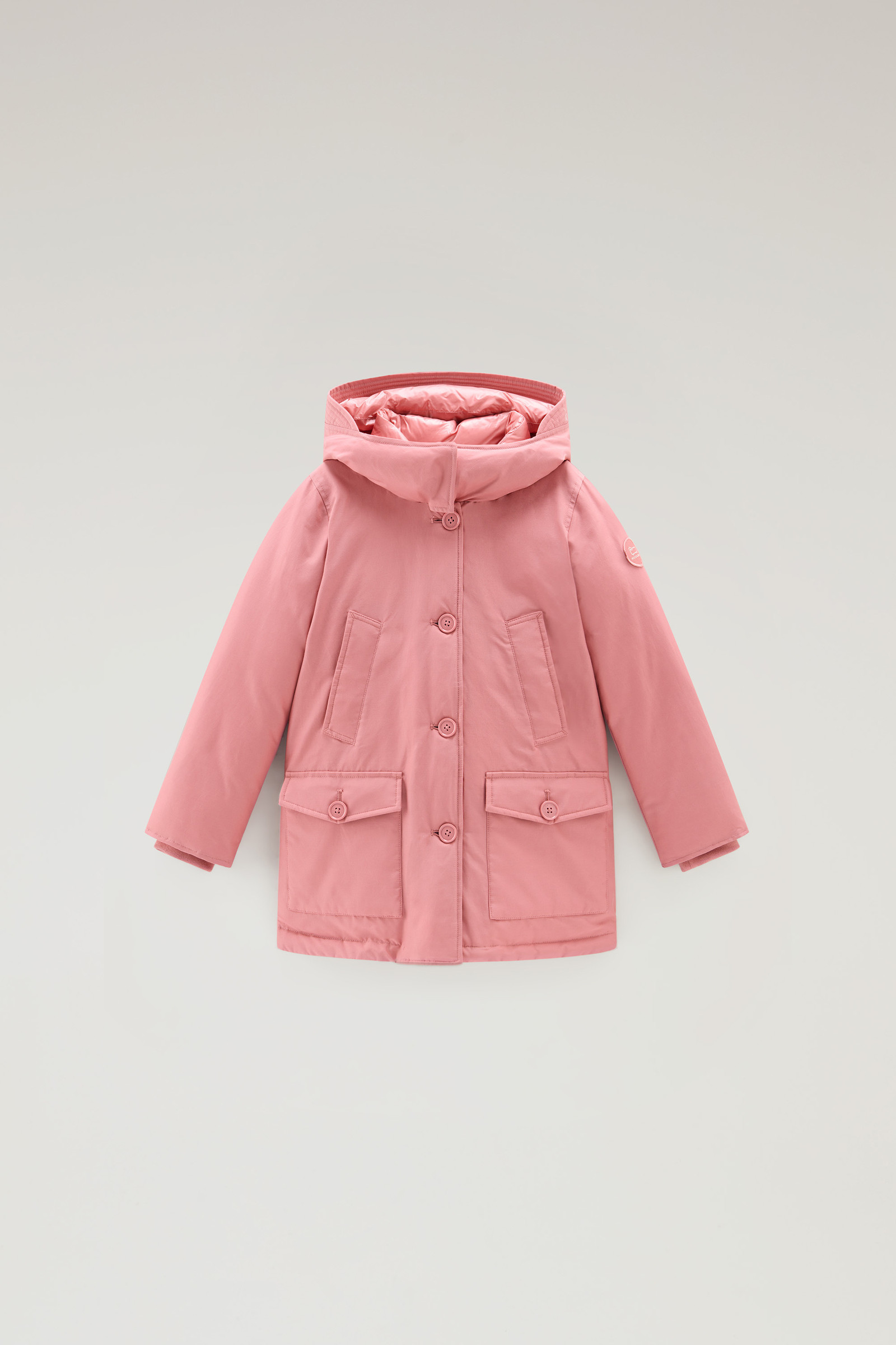 Girl\'s Arctic Parka in Ramar Woolrich Pink Satin with USA Details Cloth 