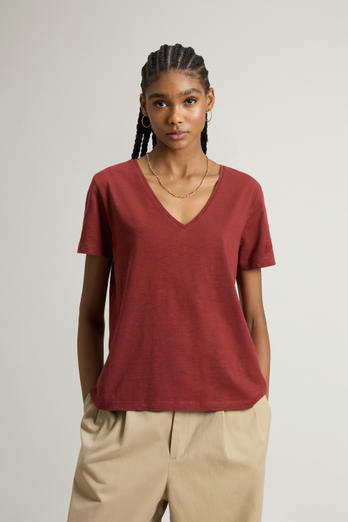 Pure Cotton Slub T-Shirt with V-Neck Red | Woolrich