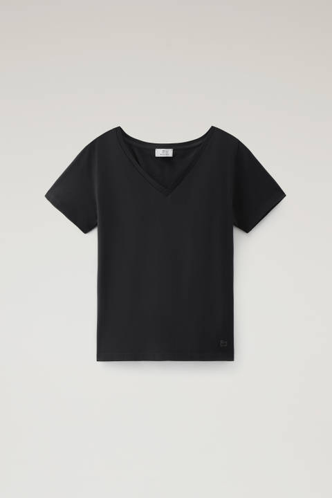 T-shirt à col en V en pur coton Noir photo 2 | Woolrich