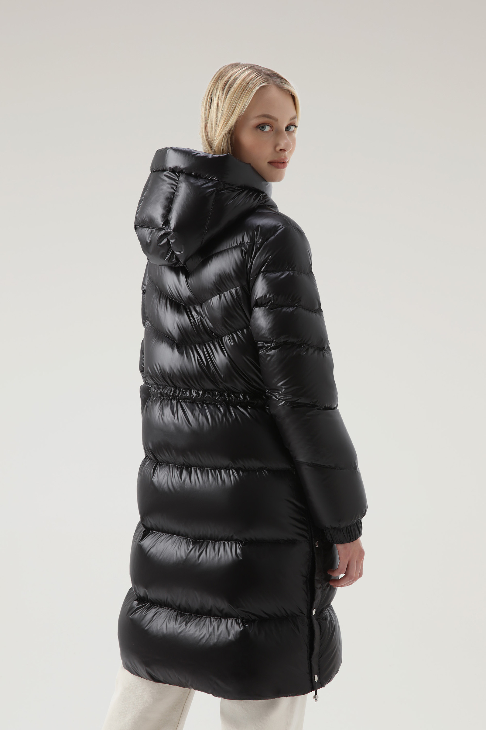 Women's Aliquippa Long Down Jacket in Glossy Nylon with a Drawstring ...