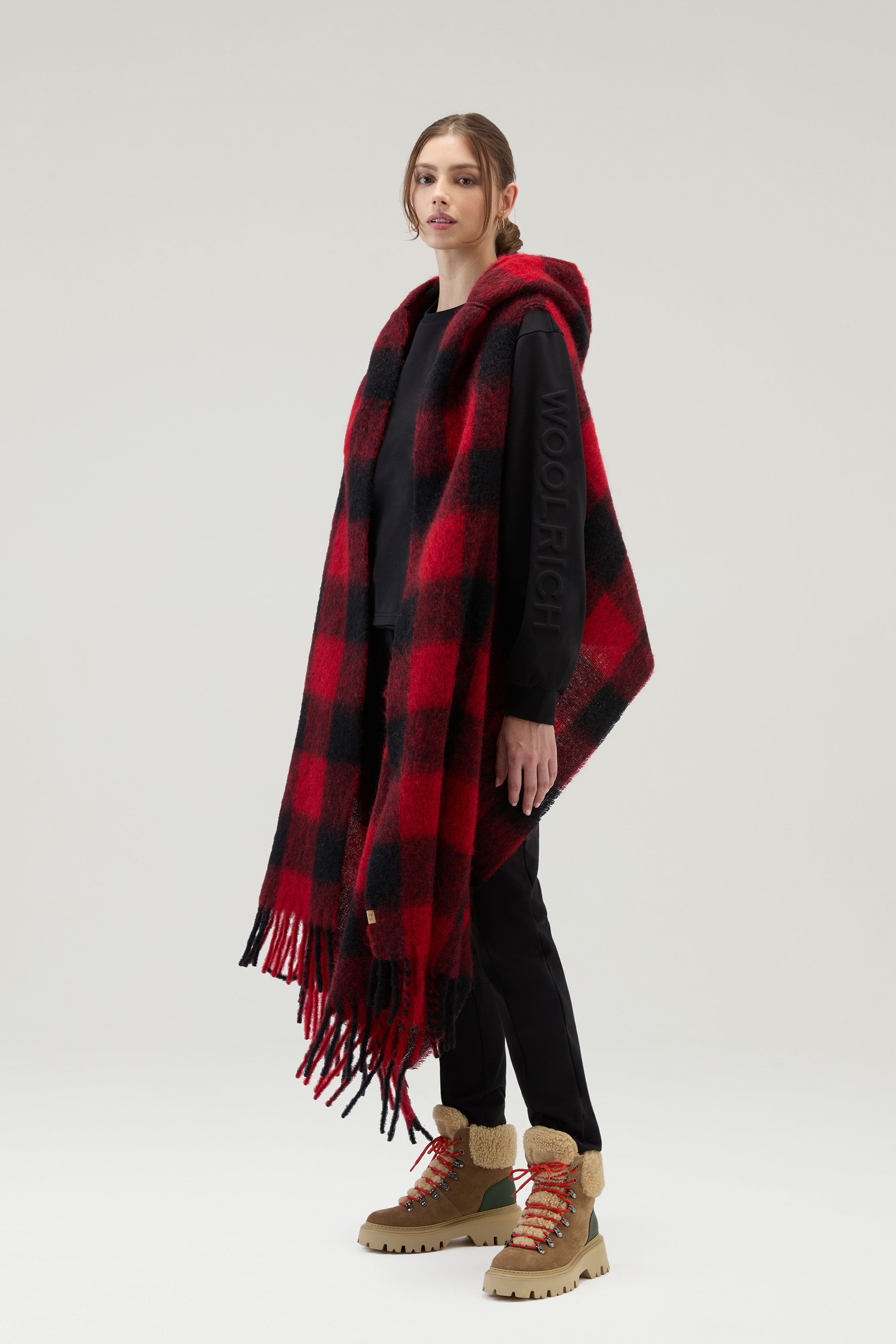 Women's Cape Scarf with Buffalo Check Pattern Red | Woolrich USA